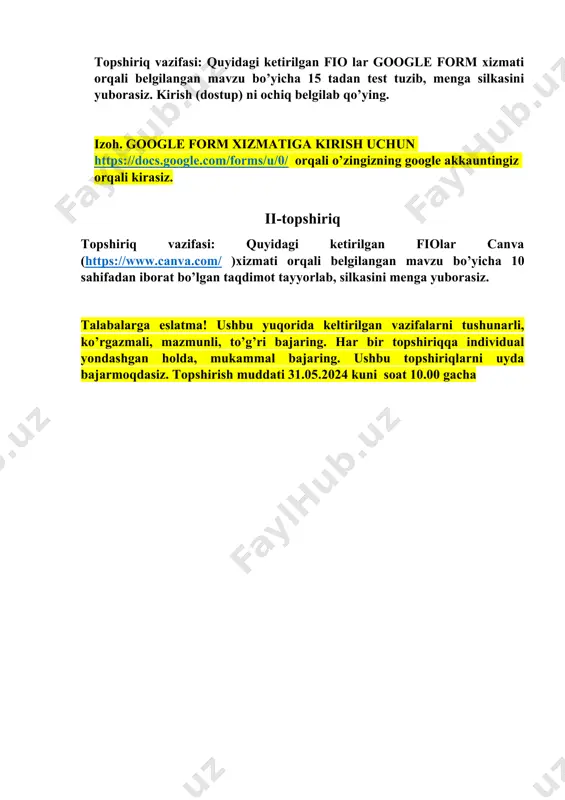 izmati orqali belgilangan mavzu bo’yicha 15 tadan test tuzib, menga silkasini yuborasiz. kirish (dostup) ni ochiq belgilab qo’ying. izoh. google form xizmatiga kirish uchun https://docs.google.com/forms/u/0/ orqali o’zingizning google akkauntingiz orqali kirasiz. ii-topshiriq topshiriq vazifasi: quyidagi ketirilgan fiolar canva (https://www.canva.com/ )xizmati orqali belgilangan mavzu bo’yicha 10 sahifadan iborat bo’lgan taqdimot tayyorlab, silkasini menga yuborasiz. talabalarga eslatma! ushbu yuqorida keltirilgan vazifalarni tushunarli, ko’rgazmali, mazmunli, to’g’ri bajaring. har bir topshiriqqa individual yondashgan holda, mukammal bajaring. ushbu topshiriqlarni uyda bajarmoqdasiz. topshirish muddati 31.05.2024 kuni soat 10.00 gacha