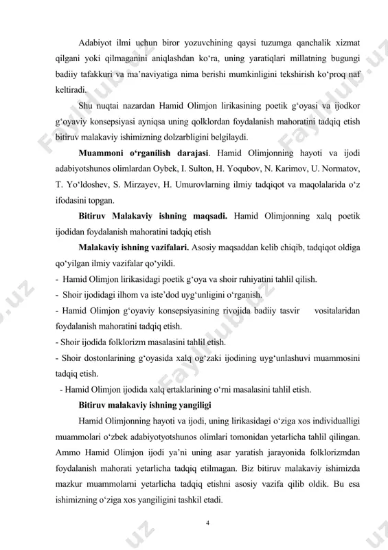 an, mehr bilan kuylaydi. h. olimjon tabiatdagi ranglar jilosini, sadolar rangin nozik his etadi: salqin saharlarda uyqudan turgan. buloq suvlariga yuzini yuvgan. marmar havolarning qo‘yniga cho‘mgan, zilol bo‘shliqlarga keng quloch qo‘ygan, mustaqillik ishqi bilan yongan dalalar ko‘m-ko‘k bu misralarda betakror tasviriy vositalarning o‘rinli qo‘llanganini ko‘ramiz. shoir jonlantirishning tashxis ko‘rinishi (uyqudan turgan, keng quloch qo‘ygan, ishqi bilan yongan), ohorli sifatlashlar (po‘lat yag‘rin, marmar havo, zilol bo‘shliq), takror (ko‘m-ko‘k) va gradatsiyadan san’atkorona ustalik bilan foydalanadi. h.olimjon she’rlarida oshufta shoir qalbining muhabbat tuyg‘ulari salmoqli o‘rinni egallaydi. h.olimjon beadad muhabbat egasi edi. shoir o‘z qalbidagi sevgi tuyg‘ularini "xayoling-la o‘tadi tunlar...", "xayolimda bo‘lding uzun kun...", "sog‘inganda", "kechir meni, nozli malagim", "sevgi desam, faqat sen desam...", "savol" kabi go‘zal she’rlarida zo‘r ehtiros bilan ifoda etadi va ularda parallelizm va metaforadan unumli foydalanadi. masalan: eng gullagan yoshlik chog‘imda, sen ochilding ko‘ngil bog‘imda. shunda ko‘rdi ko‘zim bahorni, shunda qalbim tanidi yorni. qushlar sayrar jonimga payvast, mei sevgining bo‘yi …