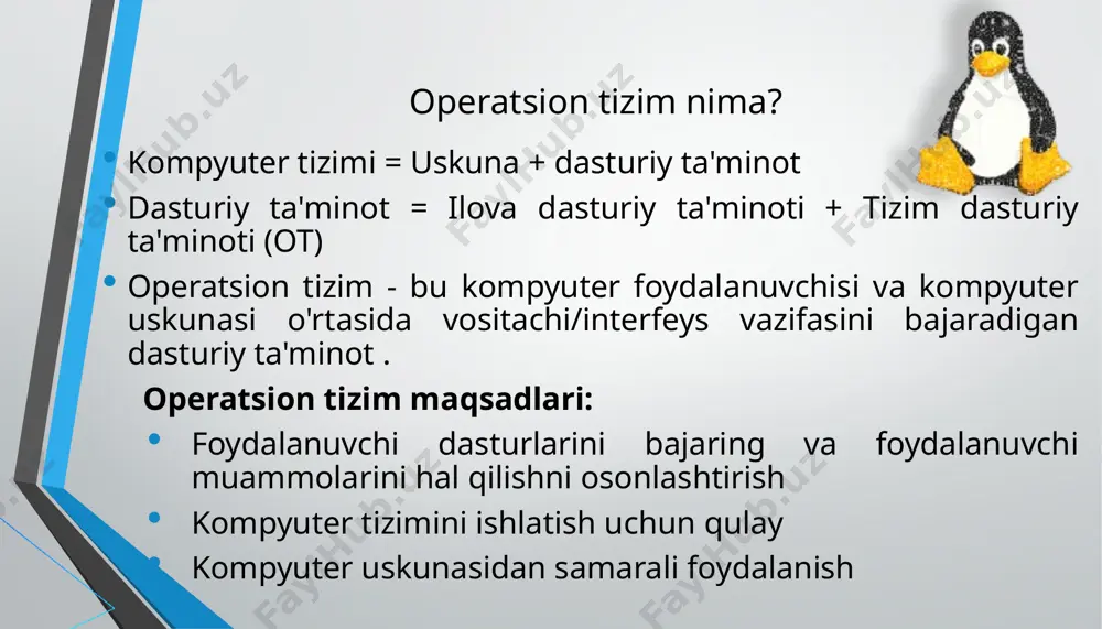 dan foydalanilayotganini kuzatib boring. xotirada bo'sh joy paydo bo'lganda, qaysi jarayonlarni yuklashni hal qiling. zarur bo'lganda xotira maydonini ajrating va ajrating. 13 3. fayllarni boshqarish fayl - bu uning yaratuvchisi tomonidan belgilangan tegishli ma'lumotlar to'plami. fayl tizimlari qattiq disk kabi saqlash qurilmasida ma'lumotlarni kodlash, saqlash va boshqarish uchun konventsiyalarni ta'minlaydi. fat12 (floppi disklar) fat16 (dos va windowsning eski versiyalari) fat32 (windowsning eski versiyalari) ntfs (windowsning yangi versiyalari) ext3 (unix/linux) hfs+ (maks os x) operatsion tizim fayllarni boshqarish bilan bog'liq quyidagi harakatlar uchun javobgardir: ✦ fayl yaratish va oʻchirish. ✦ katalog yaratish va oʻchirish. ✦ fayllar va kataloglarni manipulyatsiya qilish uchun primitivlarni qo'llab-quvvatlash. ✦ fayllarni ikkilamchi xotiraga joylashtirish. ✦ barqaror (uchuvchan bo'lmagan) saqlash muhitida faylni zaxiralash. 14 4. qurilmani boshqarish yoki i/u boshqaruvi qurilma kontrollerlari protsessor va haqiqiy qurilma o'rtasidagi interfeys vazifasini bajaradigan anakartdagi (yoki kengaytirish kartalaridagi) komponentlardir. qurilma boshqaruvchilari bilan o'zaro ta'sir qiluvchi operatsion tizim dasturiy komponentlari bo'lgan qurilma drayverlari …