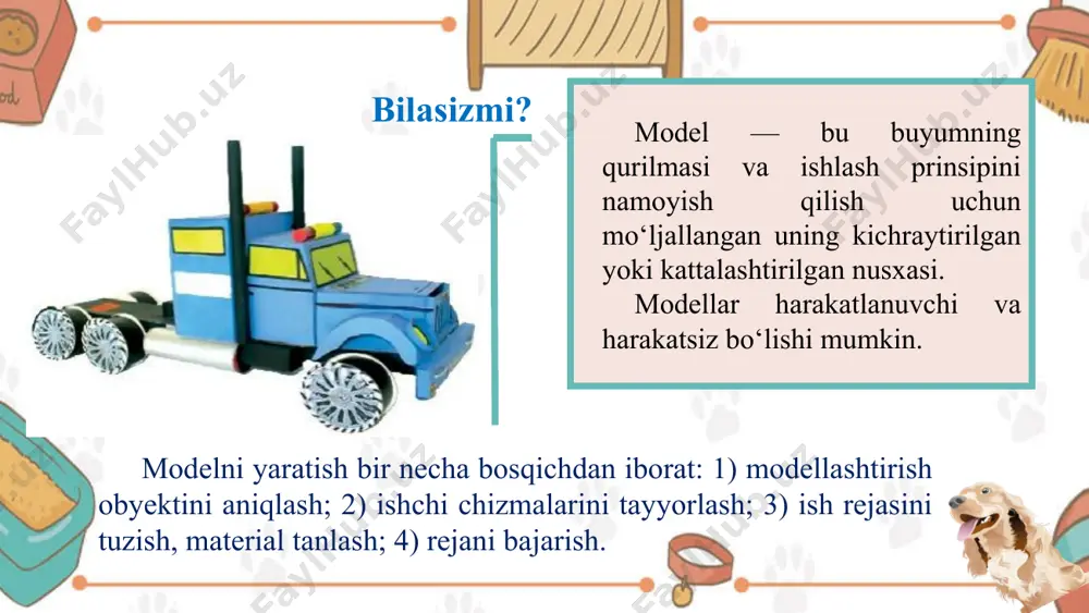 yopishtiring. tayyor bosh qismini tananing yuqori qismiga yelim bilan yopishtiring. * 01 02 rangli kartondan kuchukchaning panjalarini qirqib oling. ularning hajmi va shakli bir xil bo‘ladi. * 01 02 kuchukchaning tanasiga panjalarini yopishtiring. dumini jigarrang qog‘ozdan kesib oling va uni tanasining orqa tomoniga yopishtiring. * 01 02 * 01 02 ustaga maktab uchun stol loyihasini ishlab chiqishga buyurtma berildi. maktab stoliga qo‘yiladigan asosiy talablarni tanlang. javoblarni sinfdoshlaringiz bilan muhokama qiling, qarorlaringizni tushuntiring va isbotlang. haqiqat bahs-munozaralarda tug‘iladi. *