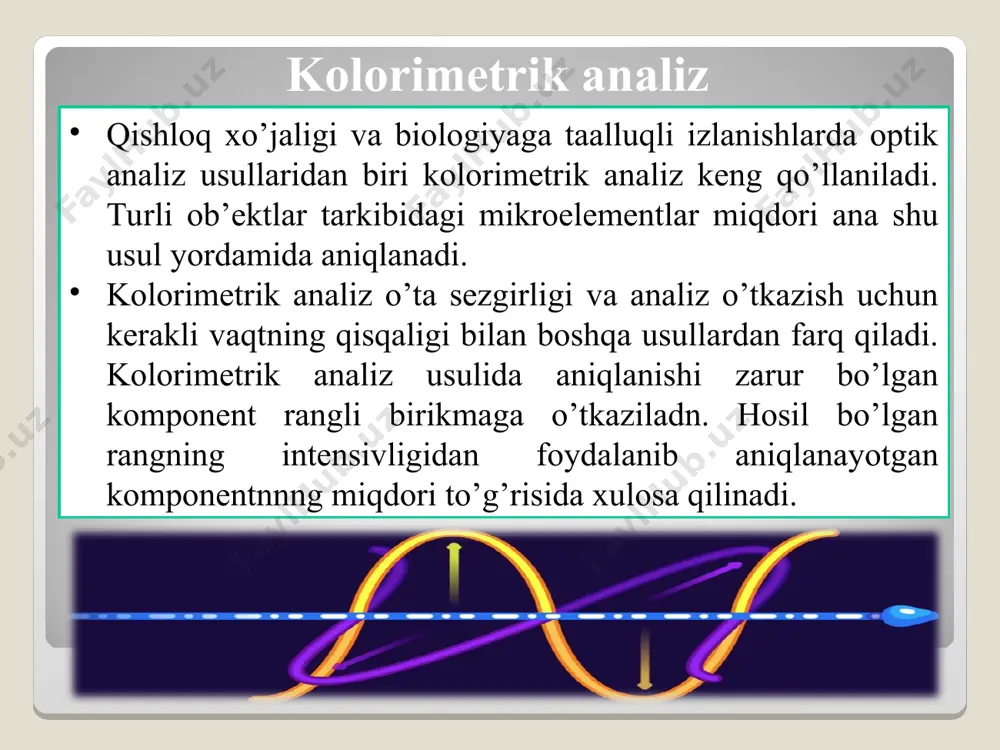 a o’sha eritmaning optik zichligi ham katta bo’ladi, degan xulosa chiqariladi. bu qonuniyatdan kolorimetrik analiz uchun muhim bo’lgan xulosa chiqarish mumkin. tarkibidagi rangli moddaning konsentrasiyalari har xil bo’lgan ikki eritma ranglarining intensivligi o’zaro solishtirilganda ular bir xil qiymatga ega bo’lishi uchun konsentrasiya bilan teskari proporsional bog’lanishda bo’lgan kattalik eritma qatlamining qalinligini o’zgartirishi zarur. kolorimetrik aniqlashlarni bajarishda ba’zi qoidalarga rioya qilish talab etiladi, jumladan: 1. tekshiriladigan eritmaga qanday reaktiv, qaysi tartibda va qancha miqdorda qo’shiladigan bo’lsa, standart eritmaga ham o’sha reaktiv, shu tartibda va shuncha miqdorda qo’shiladi, ikkala holda ham bir xil o’lchov idishlaridan foydalanish kerak. ranglari solishtirilayotgan eritmalarning temperaturalari ham bir xil bo’lishi lozim. 2. rang paydo qiluvchi reaktiv qo’shishdan oldin tekshirilayotgan modda eritmasi rangsiz bo’lishi kerak agar u rangli bo’lsa rangsizlantirish kerak. 3. tekshirilayotgan eritma rangining intensivligi juda katta yoki juda kichik bo’lmasligi kerak. 4. eritmaning rangi butun analiz davomida barqaror intensivlikka ega bo’lishi lozim. odatda eritmalar tayyorlangach, ma’lum …