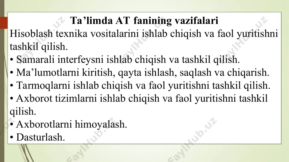 – ii son “axborotlashtirish to’g’risida”gi qonuniga binoan quyidagicha tahrif berish mumkin. axborot resurslari – alohida hujjatlar, hujjatlarning alohida to’plamlari, axborot tizimlaridagi (kutubxonalardagi, arxivlardagi, fondlardagi, ma’lumotlar banklaridagi va boshqa axborot tizimlaridagi) hujjatlar va hujjatlarning to’plamlari. ommaviy axborot – bunga cheklanmagan doiradagi shaxslar uchun mo’ljallangan hujjatlashtirilgan axborot, bosma, audio, audiovizual hamda boshqa xabarlar va materiallar kiradi. axborot tizimi - axborotni to’plash, saqlash, izlash, unga ishlov berish hamda undan foydalanish imkonini beradigan, tashkiliy jihatdan tartibga solingan jami axborot resurslari, axborot texnologiyalari va aloqa vositalari.