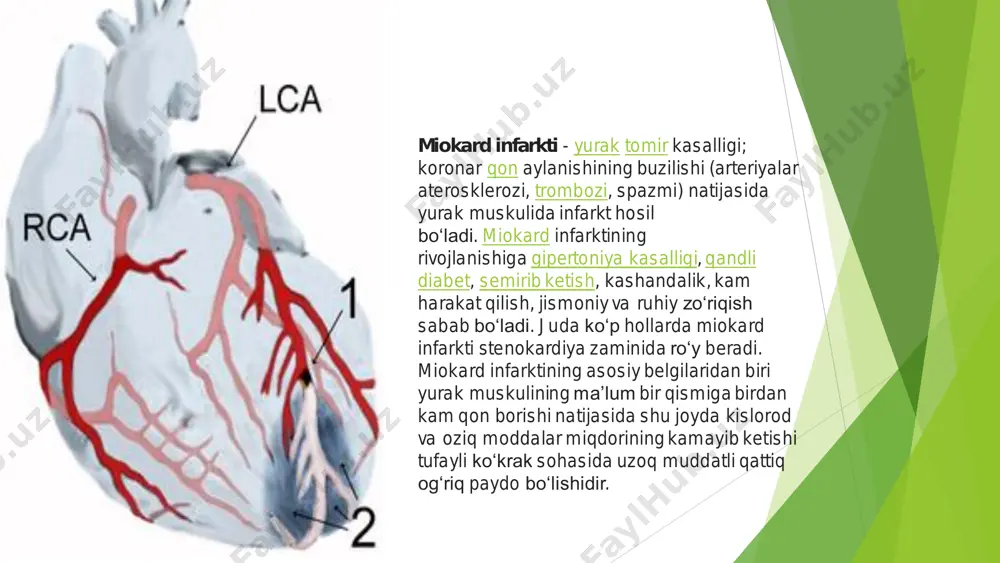 tligi, o’pkada xirillash sezilishi mumkin. ko’pincha, kasallikning astmatik shakli takroriy miokard infarktida, shuningdek, serebral variant. bosh miya tomirlarida qon aylanishi buzilishi bilan tavsiflanadi. bemorlar bosh aylanishi, bosh og’rig’i, ko’ngil aynishi va qayt qilish, oyoqlar holsizligidan shikoyat qilishi mumkin, hush chigal bo’lishi mumkin https://mymedic.uz/kasalliklar/pulmonologiya/bronxial-astma/ https://mymedic.uz/kasalliklar/nevrologiya/bosh-aylanishi/ https://mymedic.uz/foydali-maslahatlar/bosh-ogrigi/ https://mymedic.uz/kasalliklar/gastroenterologiya/kongil-aynishi/ og’riqsiz variant (xira shakli). miokard infarktining bu shakli tashxislashdagi qiyinchiliklarga eng ko’p sababchi bo’ladi. og’riq sindromi umuman kuzatilmasligi mumkin, bemorlar ko’krak qafasidagi noma’lum bezovtalik va haddan tashqari terlashdan shikoyat qilishadi. ko’pincha ushbu kasallik shakli qandli diabet bilan og’rigan bemorlarda uchraydi va juda og’ir kechadi. ba’zan miokard infarkti klinik tasvirida turli kasalliklar alomatlari mavjud bo’ladi va bunday hollarda, afsuski, holat yakuni ko’proq salbiy bo’ladi. tromb hosil bo’lishini oldini olish va qonni suyuqlashtirish uchun antikoagulyantlar, antiagregantlar va dizagregantlar guruhi dori vositalari qo’llaniladi; miokard shikastlanishi hududini cheklash yurak muskullarining kislorodga bo’lgan ehtiyojini kamaytirish orqali erishiladi, buning uchun, beta-blokatorlar va aaf ingibitorlari (angiotenzin-aylantiruvchi ferment) ishlatiladi; og’riq sindromining kamaytirilishiga …