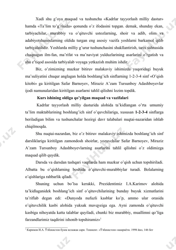 iqli pedagoglar ma’rifatparvarlar va ijodkorlarning ilmiy, uslubiy nazariy asar va maqolalaridan foydalanib ish ko’rdik. ishning yozilishida qo’lanilgan metod albatta, boshlang’ich ta’lim maktablarining 1-2-3-4 sinf «o’qish kitobi» darsliklariga kiritilgan mavzular, xususan safar barnoyev, miraziz a’zam tursunboy adashboyev asarlarini, she’rlarini o’qish va o’rganish, mustaqil ishlar tashkil qilish o’qituvchi tomonidan uning rahbarligi ostida o’tkaziladi. bu o’z navbatida, o’qituvchi tomonidan puxta o’ylangan, rejalashtirilgan, ma’lum sistemaga solingan va mazmunli bo’lishi talab qilinadi. biz mazkur bitiruv malakaviy ishimizni past darg’om tumanidagi 53 umum ta’lim maktabining 4 sinfda o’tkazgan tajribamiz asosida yoritishga lozim topdik. 4 – sinfimizda hozirgi kunda 42 talaba tahsil olayapti. bilim va tajribamizga tayangan holda, shuningdek, pedagogik amaliyot o’tgan maktabdagi o’qituvchilarning ish tajribasiga suyangan holda yoritishda harakat qildik. ishning ilmiy yangiligi darhaqiqat, safar barnoyev, miraziz a’zam tursunboy adashboyevlarning asarlarini, she’rlarini dars jarayonida o’qish ishlarini, tahlil qilish shuningdek, mustaqil o’qish ishlarini tashkil etish o’z e’tibori bilan yangilik sanaladi. chunki, mustaqil o’qish boshlang’ich sinf o’quvchilari uchun …