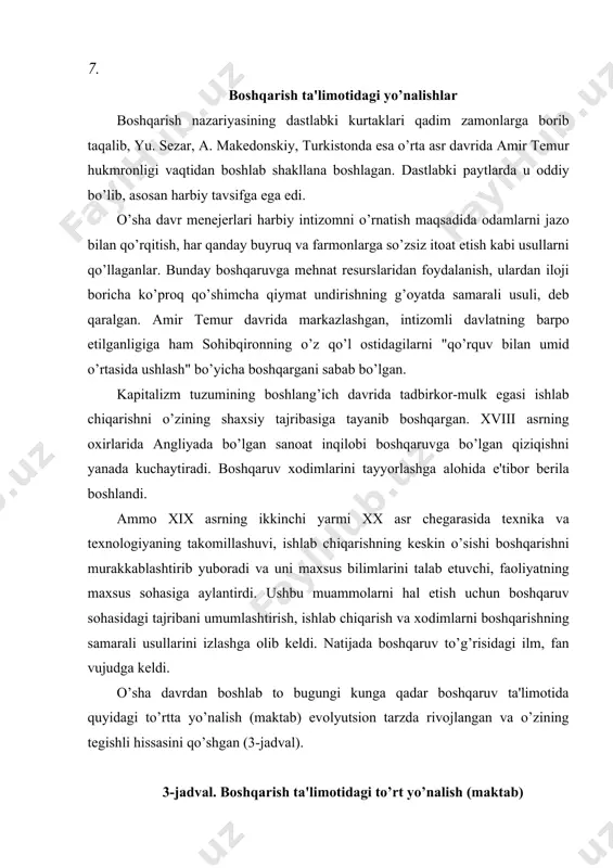 ib keldi. natijada boshqaruv to’g’risidagi ilm, fan vujudga keldi. o’sha davrdan boshlab to bugungi kunga qadar boshqaruv ta'limotida quyidagi to’rtta yo’nalish (maktab) evolyutsion tarzda rivojlangan va o’zining tegishli hissasini qo’shgan (3-jadval). 3-jadval. boshqarish ta'limotidagi to’rt yo’nalish (maktab) № maktab nomlari namoyandalari turli maktablarning boshqaruv ta'limotiga qo’shgan hissasi 1. ilmiy menejment maktabi 1340-1400 yillar amir temur - mamlakatni idora qilish va saltanatni boshqarish uslubi, strategiyasi va taktikasini joriy qildi. -xiv-xv asrlar voqealari va ijtimoiy hayotni o’zida aks ettirgan qimmatli asar temur tuzuklarini yaratdi. mazkur asarda bayon etilgan boshqarish yo’l-yo’riqlari, qonun-qoidalari, pand-nasihatlari o’zbekiston mustaqilligini mustahkamlash yo’lida xizmat qilmoqda. -kuchli davlatni barpo etish, davlat hokimiyatining qaysi ijtimoiy toifalariga tayanishi, mansabdor shaxslarni ularning sifatlariga ko’ra tanlash va vazifalarga tayinlash borasida amaliy jihatdan mukammal bo’lgagn ta'limotni yaratdi. -buyuk davlat arbobi, dunyoviy bilimlarning sohibi bo’lgan sohibqiron markazlashgan davlatni barpo etishi orqali o’rta asrlarda buyuk shaxslar etishib chiqishi uchun moddiy, g’oyaviy zaminni yaratdi. (1885-1920) yillar f. teylor …