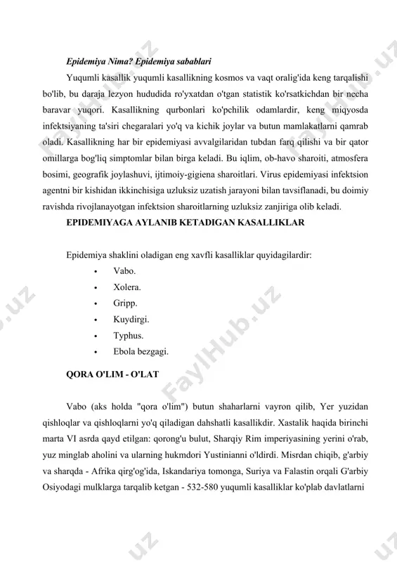 maniyaning hududiga etib keldi. o'sha paytda sharqiy rim imperiyasining aholisi yarimga qisqardi. har bir nafas, kichik bir isitma, eng kichik holatlar xavfli bo'lib, ertalab insonning uyg'onishiga kafolat bermadi. xiv asrda takrorlangan vabo epidemiyasining ikkinchi o'lati barcha evropa davlatlarini qoralab chiqdi. kasallikning besh yuz yilligi taxminan 40 million kishining hayotini tasdiqladi. yuqumli kasalliklar tarqalishining sabablari asosiy gigiena ko'nikmalarining yo'qligi, axloqsizlik va umumiy qashshoqlik edi. kasallikdan oldin ham shifokorlar, ham retsept bo'yicha dori-darmonlar kuchsiz edi. o'lik jasadlarni dafn qilish uchun hududlar shunchalik kam edi, shuning uchun katta teshik qazilgan, yuzlab jasadlarni to'ldirdi. qanchadan-qancha kuchli erkaklar, jozibali ayollar, yaxshi ko'rgan yosh bolalar shafqatsiz o'limga yuzlab avlodlar zanjirlarini kesib tashlashdi. muvaffaqiyatsiz urinishlardan keyin shifokorlar kasal odamlarni sog'lom odamlardan ajratish kerakligini tushunishdi. keyinchalik, karantin ixtiro qilindi, u infektsiyaga qarshi kurashish uchun birinchi to'siq bo'ldi. bemorlarni ko'chaga kirishni qat'iy taqiqlash bilan 40 kun davomida maxsus uylar qurilgan. dengiz tashish xizmatiga keladigan bo'lsak, portdan tashqarida 40 kun …