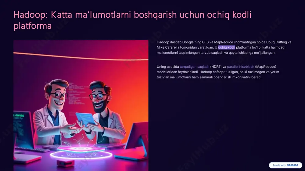 atformalari hadoop yordamida kunlik millionlab tranzaksiyalarni tahlil qiladi, mijozlarning xarid qilish odatlarini o‘rganadi va tavsiyalar beradi. firibgarlikni aniqlash moliya institutlari spark'ning real vaqtda qayta ishlash imkoniyatlaridan foydalanib, bank operatsiyalarida firibgarlik harakatlarini tez aniqlaydi. ma’lumotlarni yig‘ish kompaniyalar flume (log fayllari uchun) va sqoop (relational ma’lumotlar bazalari uchun) vositalaridan foydalanib, turli manbalardan ma’lumotlarni yig‘adi va hdfs'ga joylashtiradi. https://gamma.app/?utm_source=made-with-gamma https://gamma.app/?utm_source=made-with-gamma hadoop ekotizimining biznesga ta’siri tadqiqotlar shuni ko‘rsatadiki, ko‘plab korxonalardagi ma’lumotlarning 73% gacha qismi ishlatilmay qolmoqda. hadoop ekotizimi bu muammoni hal qilishda yordam beradi. • arzon va kengaytiriladigan infratuzilma: katta investitsiyalarsiz ma’lumotlarni saqlash va qayta ishlash. • real vaqtda qarorlar: tezkor tahlillar orqali biznes jarayonlarini optimallashtirish. • mijozlarga xizmat ko‘rsatish: shaxsiylashtirilgan tavsiyalar va mijozlar tajribasini yaxshilash. https://gamma.app/?utm_source=made-with-gamma https://gamma.app/?utm_source=made-with-gamma xulosa: hadoop bilan katta ma’lumotlarni boshqarish kelajagi katta ma’lumotlar dunyosida hadoop ekotizimi asosiy vosita hisoblanadi. uning ochiq kodli va kengaytiriladigan tabiati sanoatni o‘zgartirib, kompaniyalarga ma’lumotlardan maksimal darajada foydalanish imkoniyatini bermoqda. siz ham bu texnologiyalarni o‘rganib, raqobatbardosh …