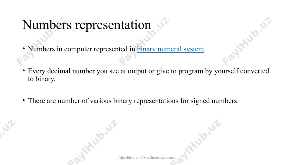 res course numbers representation two's complement positive numbers are the same simple, negative values are the bit complement of the corresponding positive value, the value of 1 is then added to the resulting value, ignoring the overflow which occurs when taking the two's complement of 0: 1310 = 0001 11012 -1310 = 1110 00112 9110 = 0101 10112 -9110 = 1010 01012 010 = -010 = 0000 00002 algorithms and data structures course numbers representation two's complement advantages: easy to perform standard arithmetic operations with signed and unsigned numbers 1210 + 2310 = 0000 11002 + 0001 01112 = = 0010 00112 = 3510 1210 - 2310 = 0000 11002 + 1110 10012 = = 1111 01012 = - 0000 10112 = -1110 there is only one zero in this representation: 010 = -010 = 0000 00002 so the range of numbers this method allows to represent is modern computers …