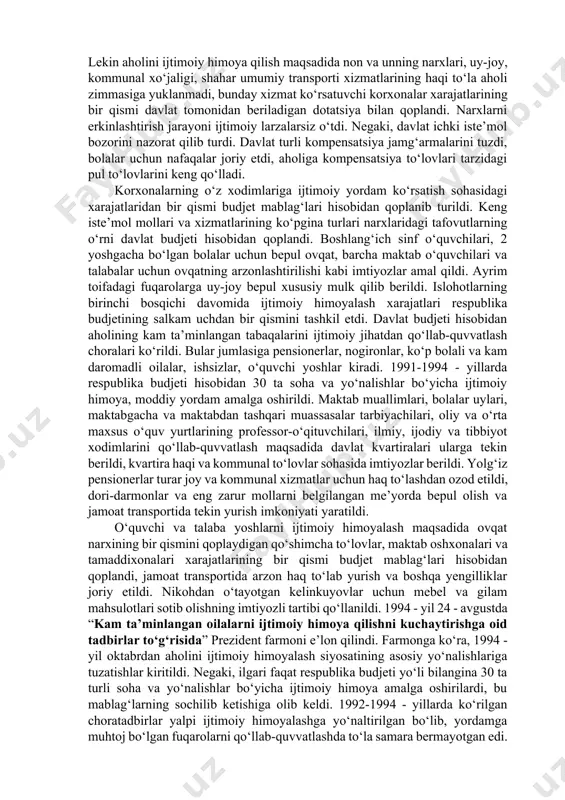 i va uy-ro‘zg‘or bu-yumlari narx-navosiga bog‘liq, albatta. iqtisodiy islohotlarning birinchi bosqichida amalga oshirilgan narxlarni erkinlashtirish jarayonida aholini ijtimoiy himoyalash, ichki iste’mol bozorini davlat tomonidan nazorat qilish choralari ko‘rildi. narxlar 1992- yil yanvaridan boshlab bosqichma-bosqich, aholini ijtimoiy himoyalashga qaratilgan choralarni oldindan ko‘rib qo‘ygan holda erkinlashtirila boshlandi. vazirlar mahkamasining “narxlarni erkinlashtirish chora-tadbirlari to‘g‘risida” gi qaroriga muvofiq 1992- yil 10 yanvardan boshlab o‘zbekistonda keng doiradagi ishlab chiqarilayotgan sanoat mollari, texnika vositalari ayrim turdagi xalq iste’moli mollari, bajarilgan ishlar va xizmatlarning kelishilgan (erkin) narxlari va tariflariga o‘tildi. hukumat aholini himoyalash maqsadida cheklangan doiradagi oziq-ovqat va sanoat tovarlari narxlarining chegarasini, ko‘rsatiladigan ayrim turdagi xizmatlarning eng yuqori tariflarini belgilab qo‘ydi. shu munosabat bilan don, bug‘doy yetishtirish uchun, un va boshqa oziq-ovqat mollarini ishlabchiqarishga sarflanadigan xarajatlarning bir qismi respublika budjetidan to‘landi. o‘quvchi va talabalarga bepul nonushta va imtiyozli ovqat berishdan ko‘rilgan zarar davlat hisobidan qoplandi, bolalarga mo‘ljallangan ayrim turdagi tovarlarni, dori-darmonlarni ishlab chiqarishda korxonalarga davlat dotatsiyasi berildi. …