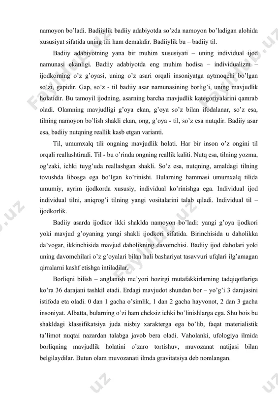 sharti hisoblanadi. binobarin, o’sha nuqtani istisno qilish borliqda muvozanatning buzilishiga olib keladi. muvozanatning buzilishi esa, borliqning halokati demakdir. germenevtika jamiyatdagi gravitatsiyaning mavjudlik holatini o’rganishga qaratilgan fan. u borliqning (er sayyorasida) mavjud har bir voqea-hodisasining o’rni va rolini me’yorlashtirishga qaratilgan ta’limot. germenevtikaning predmeti va ta’limoti bu-tushunish nazariyasi, ya’ni olam va odam borlig’i va birligini tushunish muammosi. tushunish bu-geometrik fikrlash demakdir. vaholanki, alloh tomonidan yaratilgan har bir narsa va mavjudotning o’rni va ahamiyati borligini tushunish, uning mavjudligi bilan kelishish, o’zaro nifoq, ayniqsa, intiqomga o’rin yo’qligini tushunish va atrofdagilarga shu tushunilgan g’oyani etkazish haqidagi ta’limot. bu borada o’rta asrlarda tasavvuf ta’limoti qator e’tiborga molik g’oyalarni ilgari surgan. badiiy adabiyot, binobarin, konkret badiiy asar badiiy g’oya, badiiy tafakkur soyasi ekanligini hisobga olgan holda g’oyaning real shaklini istisno qilib, biz bu kabi bo’linishlarni badiiy g’oya mavjudligining faqat bir shakli bilan bog’liq ekanligini e’tirof qilamiz. san’at yoki badiiy adabiyot borliqning obrazli in’ikosi bo’lganligi bois bunday realistik …