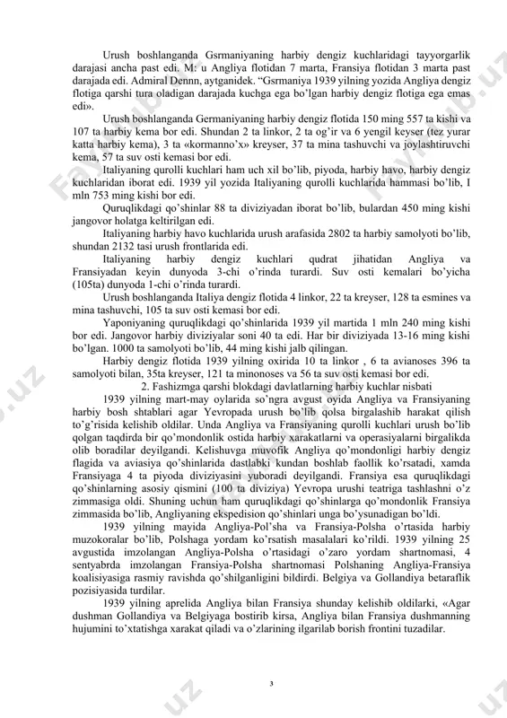 rtiya katta rol o’ynadi. bu partiyaning a’zolari gitlerga quyidagicha qasamyod qilardilar: «men buzilmas sadoqat bilan adolf gitlerga so’zsiz itoat etishga qasamyod qilaman». fashistik partiya mamlakatda bir qator tashkilotlarning va uyushmalarning ustidan rahbarlik qilardi. jumladan, shturmchi (sa) va soqchi qo’riqchi (ss) otryadlar, avtomobillarning milliy-sosialistik ittifoqini, gitlerchi yoshlar tashkiloti, nemis talabalari va dosentlarining milliy-sosialistik ittifoqi, xotin-qizlarning milliy-sosialistik jamiyati va boshqa shunga o’xshagan o’nlab tashkilotlarning ustidan nazorat qilar edi. gitlerning 1937 yil oxiridagi bayonotiga qaraganda milliy-sosialistik partiyaning a’zolari unga buysungan tashkilotlar, jamiyatlar va itgifoqlarning a’zolari bilan birga 25 mln kishiga yetgan edi. qurollanish uchun juda katta mablag’ va ishchi kuchi kerak edi. shuning uchun 1933-1939 yillarda harbiy xarajatlarga reyxstagda gitlerning aytgan so’ziga qaraganda 90 mlrd. marka mablag’ sarflangan. g’arbiy germaniyalik moliya ishlari mutaxassisi f.federauning ma’lumotiga qaraganda 1933-1939 yillarda harbiy harajatlarga 60 mlrd. marka mablag’ sarflangan. 1939 yilning iyunida germaniyaning harbiy sanoatida (avstriya va sudet bilan birga) 2 mln. 400 ming kishi faoliyat ko’rsatar, …