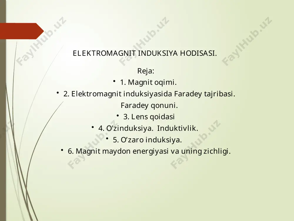 zi magnit maydonida ko`chgan vaqtda paydo bo`ladi xolos. magnitning solenoidga nisbatan harakati yoki solenoidning magnitga nisbatan xarakati to`xtashi bilan solenoid yaqinidagi magnit maydon o`zgarmas bo`lib qoladi va solenoiddan tok o`tmaydi. ikkinchi tajribadagi hodisa ham birinchidagiga o`xshashdir - bunda o`zgaruvchan magnit maydonni s solenoidda hosil bo`lgan yoki yo`qolayotgan tok hosil qiladi. ikkala holda ham o`tkazgich konturi yaqinidagi magnit maydonning kattaligi o`zgaradi, demak, kontur bilan chegaralangan sirt orqali o`tuvchi magnit induksiya oqimi ham o`zgaradi. 3. peterburg universitetining professori lens induksion tokning yo`nalishi uchun quyidagi qoidani topdi: berk konturda hosil bo`lgan tok shunday yo`nalganki, bu tok kontur bilan chegaralangan yuz orqali o`tuvchi va uning o`zini hosil qiluvchi magnit oqimi induksiyasining o`zgarishini kompensatsiyalovchi xususiy magnit induksiya oqimini yaratadi faradey qonuni: berk o’tkazuvchan kontur orqali o’rab olingan magnit induksiya oqimining o’zgarish sababi qanday bo’lishidan qat’iy nazar, konturda yuzaga keladigan e.yu.k. quyidagiga tengdir: bu tenglikdagi manfiy ishoraning ma`nosi quyidagicha: induksiya oqimining ortishi (dф/dt>0) konturni aylanib chiqishdagi …