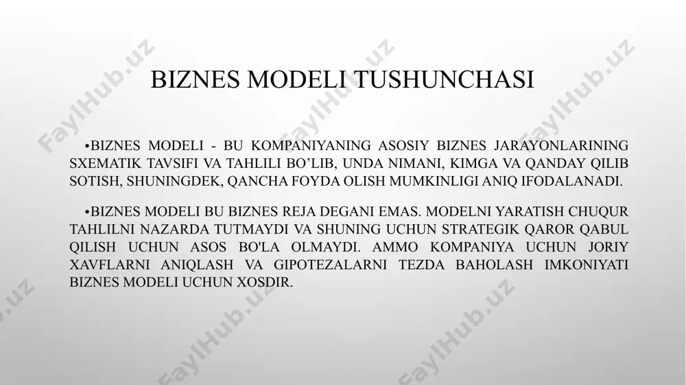 hilar o'rtasidagi strategik hamkorlik. yangi biznes loyihalarni ishga tushirish uchun qo'shma korxonalar. sifatli komponentlarni olishni kafolatlash uchun yetkazib beruvchilar bilan ishlab chiqaruvchi munosabatlari. 9. xarajatlar tuzilishi. shu asosda biznes modellarini ikki sinfga bo'lish mumkin: asosiy e'tibor xarajatlarga qaratilgan va qiymatga qaratilgan. tarkibi bo'yicha xarajatlarni quyidagi toifalarga bo'lish mumkin: doimiy xarajatlar, o'zgaruvchan xarajatlar, masshtabni tejash, diversifikatsiya effekti. biznes modellarining asosiy turlari: ishlab chiqaruvchi xomashyodan tayyor mahsulot ishlab chiqaradi. u to'g'ridan-to'g'ri mijozlarga sotishi yoki uni vositachilarga sotishi mumkin, ya'ni nihoyat uni xaridorga sotadigan boshqa biznes. misol: ford, general electric, coca-cola. distribyutor distribyutor ishlab chiqaruvchilardan tovarlarni sotib oladi va ularni chakana sotuvchilarga yoki jamoatchilikka sotadi. misol: barcha avtosalonlar. chakana sotuvchi tovarlarni distribyutor yoki ulgurji sotuvchidan sotib olgandan so'ng to'g'ridan-to'g'ri sotadi. misol: amazon orqali sotish, bu erda siz hatto ularning omborlaridan ham foydalanishingiz mumkin. franchayzer ishlab chiqaruvchi, distribyutor yoki chakana sotuvchi bo'lishi mumkin. franchayzi yangi mahsulotni yaratish o'rniga, asosiy biznesning modeli va brendidan foydalanadi …