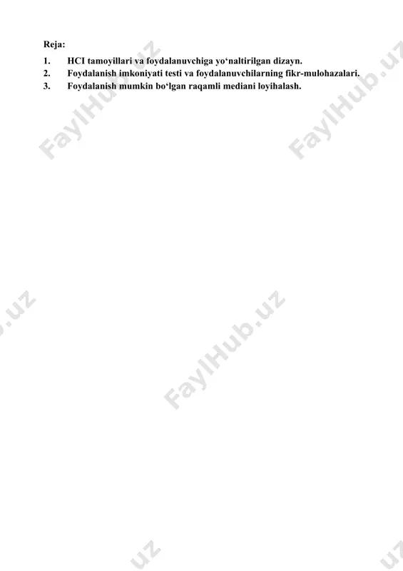 foydalanuvchiga yo‘naltirilgan dizayn. 2. foydalanish imkoniyati testi va foydalanuvchilarning fikr-mulohazalari. 3. foydalanish mumkin bo‘lgan raqamli mediani loyihalash. hci tamoyillari va foydalanuvchiga yo‘naltirilgan dizayn. inson va kompyuterning o'zaro ta'siri (hci) - foydalanuvchilarning ehtiyojlarini qondiradigan interaktiv kompyuter interfeyslarini loyihalash orqali foydalanuvchilar va kompyuterlarning o'zaro ta'sirini optimallashtirishga qaratilgan tadqiqot sohasi. bu informatika, xulq-atvor fanlari, kognitiv fanlar, ergonomika, psixologiya va dizayn tamoyillarini qamrab oluvchi multidisipliner fandir. hci ning paydo bo'lishi 1980-yillarga to'g'ri keladi, o'sha paytda shaxsiy kompyuterlar o'sishda edi. aynan o'sha paytda ish stoli kompyuterlari uy xo'jaliklarida va korporativ ofislarda paydo bo'la boshladi. hci sayohati video o'yinlar, matn protsessorlari va raqamli birliklar bilan boshlandi. biroq, internetning paydo bo'lishi va ovozga asoslangan va internet of things (iot) kabi mobil va diversifikatsiyalangan texnologiyalarning portlashi bilan kompyuterlar hamma joyda va hamma narsaga qodir bo'ldi. texnologik kompetentsiya foydalanuvchilarning o'zaro munosabatlari evolyutsiyasiga olib keldi. binobarin, inson va mashinaning bunday o'zaro ta'sirini insonga o'xshatib qo'yadigan vositani ishlab chiqish zarurati sezilarli …