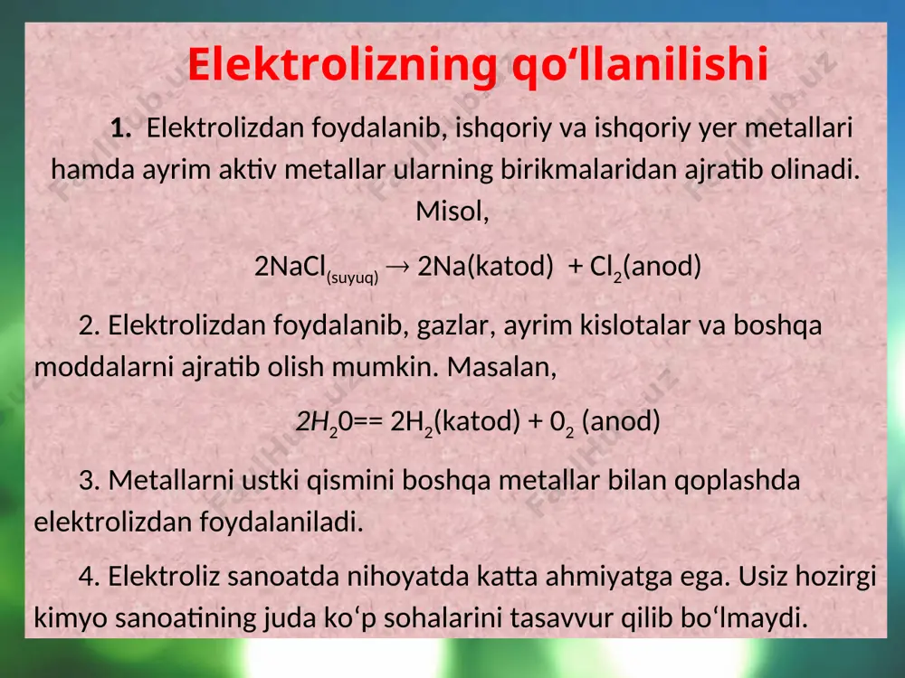 hoh 2 2 2 0 2 - + + ® cl na nacl 0 2 2 2 cl e cl ® - - 0 2 0 2 2 2 2 cl oh h cl hoh + + ® + - - 0 2 0 2 2 2 2 2 2 cl oh na h cl na hoh + + + ® + + - + - + naoh cl h nacl o h ток эл 2 2 2 2 2 . 2 + + ¾ ¾ ® ¾ +