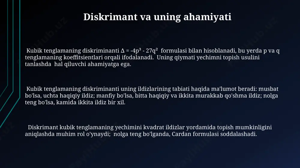 kosinuslari orqali ildizlar topiladi. kardano formulasi formulaning asosiy qismi, x³ + px + q = 0 ko'rinishidagi kubik tenglama uchun, t va u o'zgaruvchilarini t³ + u³ + (3tu + p)x + q = 0 tenglamaga aylantirishga asoslangan. kardano formulasi kubik tenglamaning 3 ta haqiqiy ildizga ega bo'lganda ham, murakkab sonlarni o'z ichiga olgan oraliq hisoblashlarni talab qiladi, hatto yakuniy javob haqiqiy son bo'lsa ham. kardano formulasi yordamida, a, b kabi koeffitsientlar bo'lgan x³ + ax² + bx + c = 0 ko'rinishidagi umumiy kubik tenglamalarni ham yechish mumkin, lekin oldin uni x³ + px + q = 0 shakliga keltirish kerak. e'tiboringiz uchun rahmat @taqdimot_robot