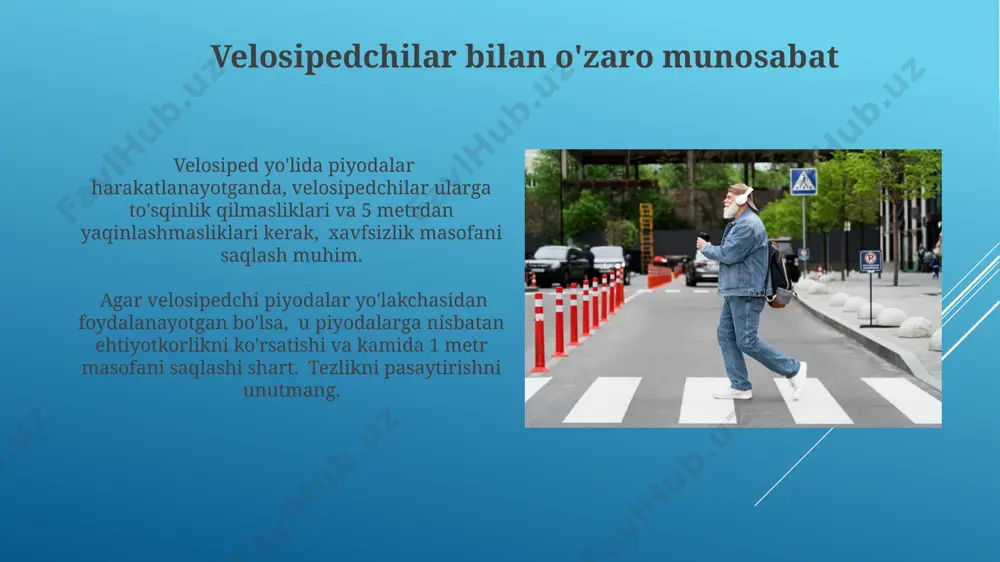 ishi mumkin. uy hayvonlari bilan yo'lda harakatlanish автомобиль йўлларида йирик ҳайвонларни ҳайдашда, эгаси ҳайвонларни камида 2 метр кенгликдаги йўлакда ҳаракатлантириши ва тезликни соатига 5 км дан ошмаслиги керак. йўлда 1-2 тадан ортиқ йирик ҳайвонни бошқаришда, ҳар бир ҳайвон учун камида 1 метр масофа сақлаш ва уларнинг бошқарилувчанлигини таъминлаш зарур. piyodalar uchun yo'l qoidalari piyoda o'tish joyiga yaqinlashganda, piyoda chap va o'ng tomonlariga qarashi, keyin yo'lni kesib o'tishdan oldin avtomobillar harakatini diqqat bilan kuzatishi zarur, bu avariyalarning oldini olishda muhim rol o'ynaydi. piyodalar avtomobillarga nisbatan 10 metrdan yaqin masofada yo'lni kesib o'tishga harakat qilmasligi kerak, bu xavfsizlik uchun minimal masofa hisoblanadi. shoshilinch holatlarda esa, ehtiyotkorlikni kuchaytirish zarur. e'tiboringiz uchun rahmat @taqdimot_robot image1.jpg image2.jpg image3.jpg image4.jpg image5.jpg image6.jpg image7.jpg image8.jpg image9.jpg image10.jpg image11.jpg image12.jpg