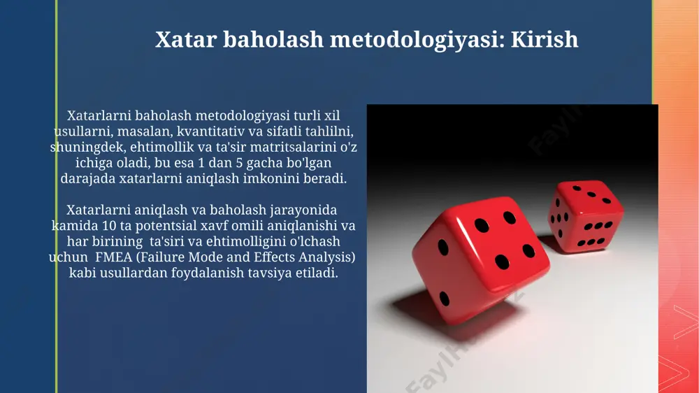 i bilan xatar miqdorini aniqlash mumkin. moliyaviy xatoliklarning ahamiyati xatoliklarning materialligi, xatolik miqdori va uning moliyaviy ko'rsatkichlarga ta'siri (masalan, sof foyda, aktivlarning umumiy qiymati) bilan aniqlanadi, odatda, 5% dan yuqori bo'lgan ta'sir material hisoblanadi. auditorslar moliyaviy hisobotlardagi 1% dan kam bo'lgan ahamiyatsiz xatoliklarni e'tiborsiz qoldirishlari mumkin, ammo 5% dan yuqori bo'lgan xatoliklar material xatolik sifatida baholanadi va tuzatilishini talab qiladi. xatar ehtimolligini baholash xatar ehtimolligini baholashda 1 dan 5 gacha bo'lgan shkala yordamida ehtimollik darajasini aniqlash, 5 eng yuqori ehtimollikni bildiradi va katta miqdordagi moliyaviy yo'qotishlarni keltirib chiqarishi mumkin. xatar ehtimolligini aniqlashda chastota tahlili qo'llaniladi, masalan, o'rtacha 10 yilda 2 marta sodir bo'ladigan hodisa 20% ehtimollikka ega deb baholanadi. muhim xatarlarni aniqlash muhim xatarlarni aniqlashda ehtimollik va taʼsir darajalarini 1 dan 5 gacha boʻlgan shkala yordamida baholash, keyin esa ularning koʻpaytmasi natijasida xatar darajasini aniqlash samarali usul hisoblanadi. muhim xatarlarni aniqlashda, foydalanuvchilar, tizimlar va jarayonlar kabi turli komponentlarga nisbatan alohida …