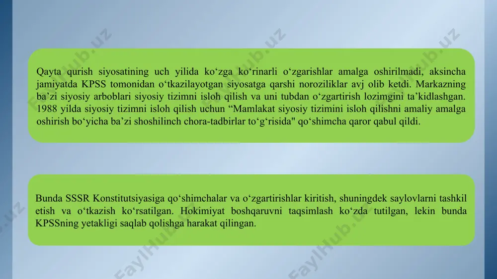 xiri - 1989 yil boshida bu qiyinchiliklar kuchaya boshladi. natijada moliyaviy tizim izdan chiqi. pul muomalasi va moliyada nomutanosiblik yuzaga keldi. iqtisodiyotning barcha sohalarida taqchillikni yuzaga keltirdi bu esa, jamiyatda ijtimoiy taranglik va insonlarning noroziliga sabab bo‘ldi. 6 iqtisodiy muammolar demografik holatlarda yuzaga kelgan ahvol bilan qo‘shilib, ijtimoiy masalalarni hal etishni g‘oyat dolzarb qilib qo‘ydi. o‘zbekistonda aholining turmush darajasi sobiq ittifoqdagi respublikalar ichida eng past bo‘lib qoldi. ma’lumotlarga qaraganda, 1990 yilda respublika aholisi 70 foiziga yaqinining jami daromadi tirikchilik o‘tkazish uchun zarur bo‘lgan eng quyi darajadan ham past edi. ayni paytda rossiya va ukrainada aholining 30 foiziga yaqinigina shunday ahvolda kun kechirgandi. mehnatga layoqatli aholini ish bilan ta’minlash ham murakkab muammo bo‘lib qoldi. 7 xx asrning 80-90-yillarida o‘zbekistonda yetishtirilgan paxta xomashyosining 93-94 foizi, oltinning barchasi markazga olib ketilgan holda, mahalliy aholining iste’mol mahsulotlariga bo‘lgan ehtiyoji tobora oshib borgan. bu ehtiyoj asosan sobiq ittifoqning boshqa mintaqalaridan don va go‘shtning 70 foizi, …