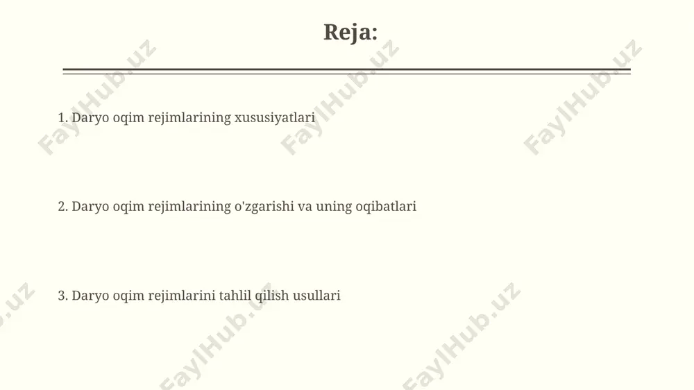 tiruvchi gidrogrammalar va 7 kunlik, 30 kunlik va yillik o'rtacha oqim qiymatlarini ko'rsatuvchi xaritalar zarafshon daryosi bo'yicha suv resurslarini boshqarishda muhim ahamiyatga ega. oqim rejimlarini xaritalashda 1:50 000 masshtabdagi topografik xaritalardan va sun'iy yo'ldoshlardan olingan ma'lumotlar, masalan, landsat yoki sentinel-2 tasvirlari keng qo'llaniladi, bu esa amudaryo havzasini batafsil tahlil qilish imkonini beradi. daryo oqimining prognozlash usullari daryo oqimini prognozlashda, masalan, amudaryo havzasida, statistik usullar, ya'ni o'tgan 50 yillik kuzatuv ma'lumotlaridan foydalanib, regressiya modellari orqali suv sarfini bashorat qilish qo'llaniladi. gidrometeorologik prognozlar, jumladan, 7 kunlik yomg'ir miqdori va qor erishi prognozlari, zarafshon daryosining oqimini aniqlashda muhim rol o'ynaydi va bu ma'lumotlar gidrologik modellarda qo'llaniladi. suvning sifati va uning o'zgarishi zarafshon daryosi bo'ylab joylashgan navoiy viloyatining ayrim hududlarida, yer osti suvlari darajasi yiliga o'rtacha 0,5-1 metrga pasayib bormoqda, bu esa suvning sifati va miqdoriga jiddiy ta'sir qilmoqda. sirdaryo daryosining o'rta oqimida, qashqadaryo viloyati hududida, bahorgi toshqinlarning intensivligi so'nggi 50 yil ichida 15-20% …