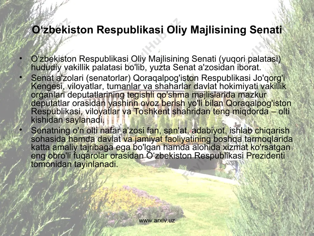 sidir. senat majlislari zaruratga qarab, lekin yiliga kamida uch marta o'tkaziladi. senat va qasamyod qilganda, o‘zbekiston respublikasi prezidenti mamlakat ijtimoiy-iqtisodiy hayotining, ichki va tashqi siyosatining muhim masalalari yuzasidan nutq so'zlaganda, chet davlatlarning rahbarlari nutq so'zlaganda o'tkaziladi. palatalarning kelishuviga muvofiq qo'shma majlislar boshqa masalalar yuzasidan ham o'tkazilishi mumkin. senat raisi senat tarkib topganidan keyingi birinchi majlisda o‘zbekiston respublikasi prezidentining taqdimiga binoan senat a'zolari orasidan yashirin ovoz berish orqali senatorlar umumiy sonining ko'pchilik ovozi bilan senat vakolati muddatiga saylanadi. senat raisining o'rinbosarlari senat a'zolari orasidan yashirin ovoz berish orqali senatorlar umumiy sonining ko'pchilik ovozi bilan senat vakolati muddatiga saylanadi. senat raisining o'rinbosarligiga nomzodlar ko'rsatish va saylash tartibi senat reglamentida belgilanadi. senat faoliyatini samarali tashkil etish, palata qo'mitalari ishini muvofiqlashtirib borish, kun tartibi yuzasidan takliflar tayyorlash, qonunlarni dastlabki tarzda ko'rib chiqishni tashkil etish maqsadida senat kengashi tuziladi. www.arxiv.uz www.arxiv.uz senat kengashi palata majlislari oralig'ida zaruratga qarab to'planadi. sеnat faoliyati masalalarni birgalikda va erkin …