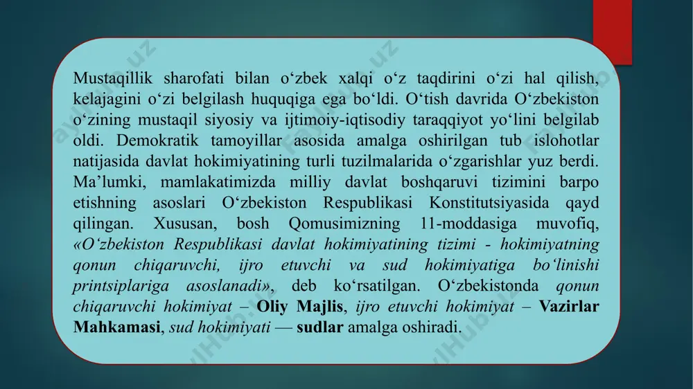 qilingan o‘zbekiston respublikasining «nodavlat notijorat tashkilotlari to‘g‘risida»gi 763-i-sonli qonuni muhim ahamiyat kasb etmoqda. 2005 yilda 150 ta rеspublika va viloyatlar miqyosida faoliyat yurituvchi еtakchi fuqarolik institutlari tashabbusi bilan «o‘zbekiston nodavlat-notijorat tashkilotlari milliy assotsiatsiyasi» tashkil topgan. 2017-yilning o‘zida bu assosiasiya mamlakatimizdagi yirik jamoat tashkilotlardan biri sifatida 575 nodavlat notijorat tashkilot say-harakatlarini birlashtirgan edi. o‘zbekiston respublikasi prezidentining 2018-yil 4-maydagi «mamlakatni demokratik yangilash jarayonida fuqarolik jamiyati institutlarining rolini tubdan oshirish chora-tadbirlari to‘g‘risida» pf -5430-sonli farmoni nodavlat notijorat tashkilotlar faoliyatini yanada jonlantirishda dasturilamal bo‘lib xizmat qildi. mazkur farmonda quyidagilar ta’kidlab o‘tildi: «…nodavlat notijorat tashkilotlari faoliyatining samaradorligini oshirishga qaratilgan 200 dan ortiq normativ-huquqiy hujjat qabul qilindi, ularni har tomonlama qo‘llab-quvvatlash uchun zarur institutsional baza yaratildi». nodavlat notijorat tashkilotlarini davlat tomonidan qo‘llab-quvvatlash, ularning faoliyati erkinligi, huquqlari va qonuniy manfaatlari himoya qilinishini ta’minlashga oid qo‘shimcha chora-tadbirlar to‘g‘risida 2021-yil 3-mart, pq-5012-sonli o‘zbekiston respublikasi prezidentining qarori qabul qilindi mustaqillik yillarida o‘zbеkistonda fuqarolik jamiyati institutlari sifatida faoliyat ko‘rsatayotgan nodavlat notijorat …