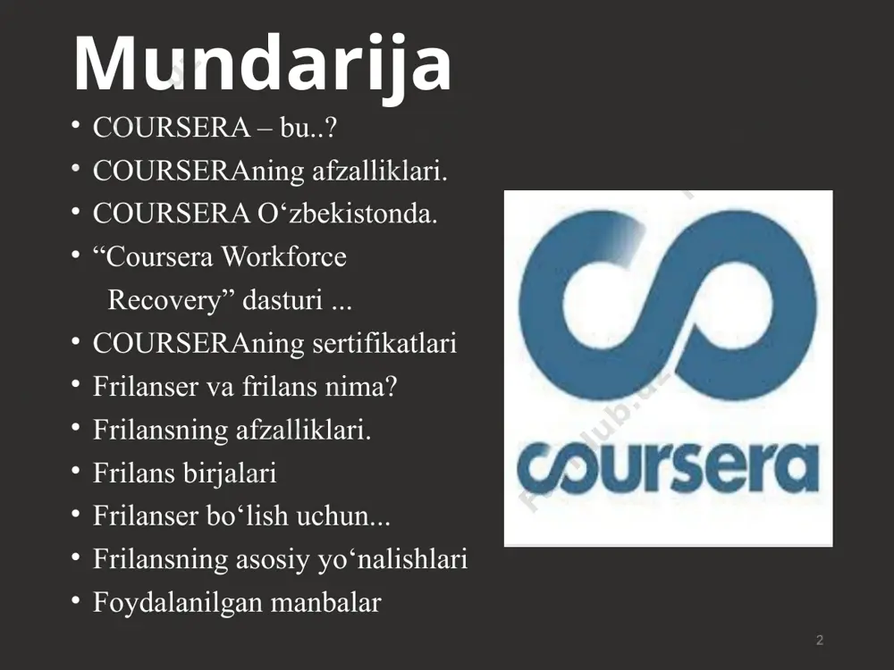 hirib beruvchi insondir.. frilanser jurnalistika va axborot texnologiyalari sohasida ko‘p tarqalgan sababi bu yo‘nalishlarda masofadan turib ishlash imkoni mavjud. frilans deb frilanser bilan avvaldan kelishilgan ishni bajarishga ma’lum bir muddat va to‘lov hisobiga yollash jarayoniga aytiladi. your date here your footer here 8 by: .com frilansning afzalliklari: loyihalarni o‘zingiz tanlaysiz ish vaqtini o‘zingiz rejalashtirasiz ofisda o‘tirish va yo‘lga vaqt ketqizish shartmas. ko‘p pul topish imkoniyati bor maosh aqsh dollarida bo‘ladi erkinlik axborot texnologiyalari sohasida o‘z biznesingizni ochish imkoniyati your date here your footer here 9 by: .com frilans birjalari freelancer.com – eng katta birjalardan biri. ishlab topilgan pulni skrill, paypal va payoneerga o‘tkazib beradi. upwork.com – yana bir katta birja. saytda buyurtmalardan tashqari doimiy ish uchun vakansiyalar ham bor. fl.ru – rossiyadagi eng katta frilans birja. weblancer.net freelansim.ru your date here your footer here 10 by: .com frilanser bo‘lish uchun... frilanser bo‘lish uchun sizga nimalar kerak? qanday bilimlarga ega bo‘lishingiz …