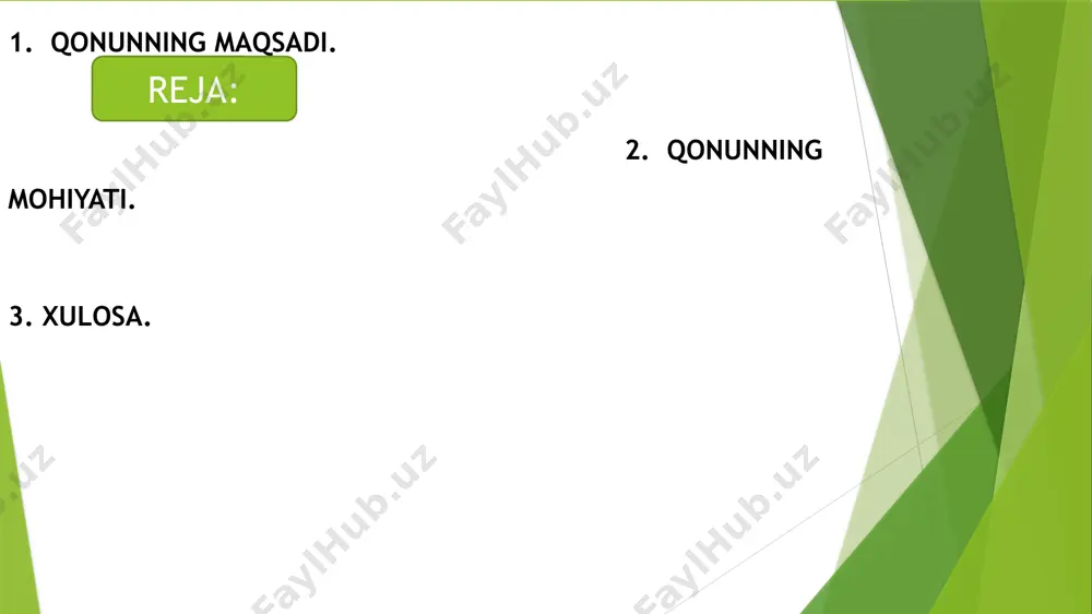 uyidagilar kiradi: davlat yer kadastri; foydali qazilma konlari, belgilari va texnogen mineral hosilalar davlat kadastri; 6-modda. davlat kadastrlari obyektlari yer, foydali qazilma konlari, belgilari va texnogen hosilalar, suvlar, o‘rmonlar, o‘simliklar va hayvonot dunyosi, muhofaza etiladigan tabiiy hududlar, tabiiy va texnogen xavfi yuqori bo‘lgan tegralar, ishlab chiqarish va iste’mol chiqindilarini ko‘mib tashlash va utillashtirish joylari, binolar va inshootlar, geodeziya punktlari, avtomobil yo‘llari va temir yo‘llar, transport va muhandislik kommunikatsiyalari davlat kadastrlarining obyektlari hisoblanadi. 7-modda. davlat kadastrlarini yuritishning asosiy prinsiplari davlat kadastrlarini yuritishning asosiy prinsiplari quyidagilardan iborat: kadastr obyektlarining har bir turi bo‘yicha o‘zbekiston respublikasining butun hududini to‘la qamrab olish; fazoviy koordinatalarning yagona tizimini qo‘llash; kadastrga doir axborotni shakllantirish uslubiyatining yagonaligi; kadastrga doir axborotning aniqligi; kadastrga doir axborotning hamma uchun ochiqligi. xulosa yuqoridagi tegishli vazirliklar, davlat qo’mitalari, idoralar kadastr obyektlarining geografik joylashuvi, huquqiy maqomi, miqdor, sifat tavsiflari va bahosi to’g’risida, shuningdek ularning holatidagi joriy o’zgarishlar haqidagi axborotlarni belgilangan tartib va muddatlarda davlat …