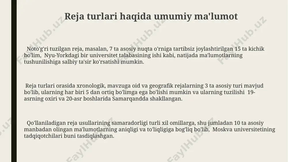 reja, voqea-hodisalar ketma-ketligini, masalan, 1917-yildagi oktyabr inqilobi voqealarini yoki 2-jahon urushi davridagi 5 ta muhim jangni, vaqt o'tishi bilan tartibda aks ettiradi. xronologik reja, ma'lum bir davr ichida yuz bergan 10 ta muhim hodisa yoki jarayonni, xronologik tartibda, masalan, 15-asrda buxoroda yuz bergan madaniy o'zgarishlarni bayon qilish uchun mos keladi. tarmoq reja tarmoq reja, 3 ta asosiy boʻlimdan: 1) markaziy gʻoya, 2) asosiy fikrlar va 3) qoʻshimcha maʼlumotlardan iborat boʻlib, samarqanddagi tarixiy manbalardan olingan maʼlumotlarni tizimlashtirishda qoʻllanilishi mumkin. tarmoq rejasida, 5 dan ortiq boʻlim boʻlsa, har bir boʻlimga 2-3 ta pastki boʻlim qoʻshish orqali, masalan, buxoro shahriga oid 10 ta tarixiy voqeani batafsil bayon qilish mumkin. andijon viloyati tarixiga oid tadqiqotlar uchun, tarmoq rejasida 12 ta asosiy mavzu va har bir mavzuga 4 tadan qoʻshimcha maʼlumotlarni oʻz ichiga olgan tuzilma samarali boʻlishi mumkin. mavzu bo'yicha reja “mavzu bo'yicha reja” 1-3-5 qoidalari bo'yicha tuzilgan bo'lib, asosiy fikrlar 3 ta kichik bo'limga, …