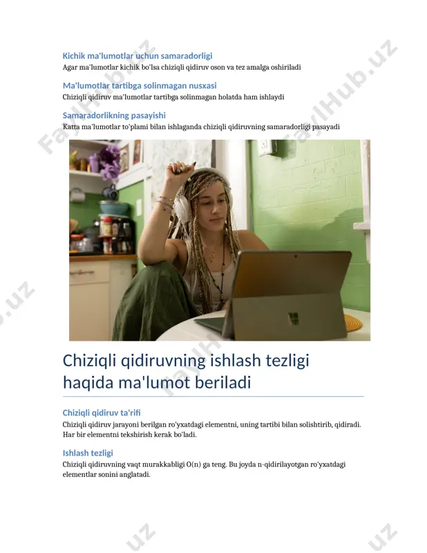 i. qidiruv algoritmlarini tahlil qilish turli qidiruv algoritmlarini tahlil qilish va ulardan eng samaralisini tanlash jarayon samaradorligini oshiradi. mavjud algoritmlar ichida eng tezi va maqbulini topish lozim. qidiruv strategiyalarini qo'llash qidiruv jarayonida yaxshilash uchun qidiruv strategiyalarini qo'llash muhimdir. masalan, eng kam vaqt sarflanadigan ko'rsatkichlarga asoslanish orqali qidiruvni optimallashtirish mumkin. chiziqli qidiruvning qo'llanilishi misollar bilan ko'rsatiladi asosiy tushuncha chiziqli qidiruv – bu ma'lum bir elementni ma'lumotlar to'plamida izlash jarayoni bo'lib, har bir elementni birma-bir tekshirishni o'z ichiga oladi dasturlashda qo'llanilishi chiziqli qidiruv ko'pincha dasturlashda oddiy massivlar yoki ro'yxatlarda ma'lum elementlarni topish uchun ishlatiladi misol bilan tushuntirish masalan, raqamlar to'plamidan 7 ni qidirish jarayonida, dastur har bir raqamni tekshiradi va 7ga teng bo'lganini topganda jarayon tugaydi afzalliklari chiziqli qidiruvdan foydalanish osonligi va ma'lumotlar tartiblangani yoki tartiblanmaganligi haqida xavotir olmadi chiziqli qidiruvning muqobil usullari bilan taqqoslanadi chiziqli qidiruv chiziqli qidiruv usuli ma'lum bir elementni izlash uchun to'plamdagi har bir elementni ketma-ket tekshiradi. binomial …