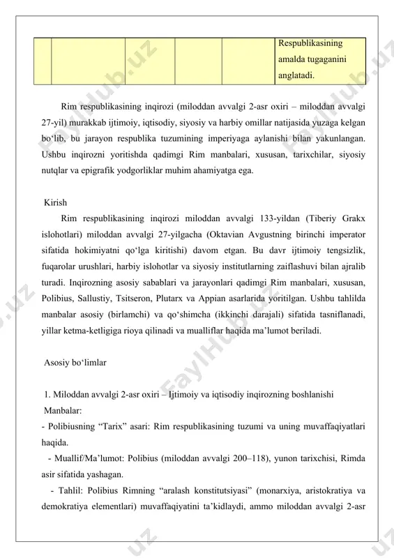karfagen va korinfning yo‘q qilinishi, rimning o‘rta yer dengizidagi hukmronligi. - miloddan avvalgi 133: tiberiy grakxning agrar islohotlari va o‘ldirilishi. 2. miloddan avvalgi 123–100-yillar – grakxlar davomi va harbiy inqiroz manbalar: - plutarxning “hayotlar” asari: gay grakx va mariy hayoti. - muallif/ma’lumot: plutarx (miloddan keyingi 46–120), yunon-rim biografi. - tahlil: plutarx gay grakxning (miloddan avvalgi 154–121) islohotlari (yer taqsimoti, narxlar nazorati) va uning o‘ldirilishi (miloddan avvalgi 121) haqida yozadi. mariyning harbiy islohotlari (miloddan avvalgi 107) legionlarni professional armiyaga aylantirgan, ammo bu generalarning siyosiy kuchayishiga olib kelgan. - appianning “fuqarolar urushlari”: grakxlar davridagi ijtimoiy to‘qnashuvlar. - muallif/ma’lumot: appian (miloddan keyingi 95–165), rim tarixchisi. - tahlil: appian grakxlar islohotlarini plebeylar va senatorlar o‘rtasidagi sinfiy kurash sifatida tasvirlaydi, bu respublika tuzumining beqarorligini ko‘rsatadi. yillar ketma-ketligi: - miloddan avvalgi 123–121: gay grakxning tribunligi va o‘ldirilishi. - miloddan avvalgi 107: mariyning harbiy islohotlari. - miloddan avvalgi 100: mariyning oltinchi konsulligi, siyosiy inqirozning chuqurlashishi. 3. miloddan …