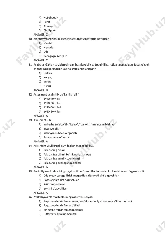 tsiya answer: a 42. belgiyada davlat universitetlari an’anaga ko’ra qanday ta’lim beradi? a) gumanitar, tabiiy, ilmiy b) gumanitar c) tabiiy d) diniy answer: a 43. belgiyada federal ta`lim vazirligining boshqaruv vazifalari: a) o`rta ta`limni nazorat qiladi b) barcha ta`lim muassasalari bilan shug`ullanadi c) oliy ta`limga oid masalalar bilan shug`ullanadi d) maktab ta`limi bilan shug`ullanadi answer: a 44. belgiyada maktab ta`limining birinchi bosqichi – a) 6 yillik boshlabg`ich ta`lim b) 5 yillik boshlabg`ich ta`lim c) yillik boshlabg`ich ta`lim d) lingvistik xududlarga ko`ra turlicha answer: a 45. belgiyada qanday katolik universiteti joylashgan? a) lyuven b) bryussel c) antverpen d) tuluza answer: a 46. belgiyada xususiy tadbirkorlar va tashkilotlar tomonida tashkil etilgan xususiy yoki mustaqil universitetlarning ko`pchiliga qandey moliyalashtiriladi? a) cherkov tomonidan b) davlat tomonidan c) tadbirkorlar tomonidan d) tashkilotlar tomonidan answer: a 47. belgiyadagi eng qadimiy va nufuzli universitet bu a) lioven katolik universiteti b) mons universiteti c) antverpen universiteti d) lej …