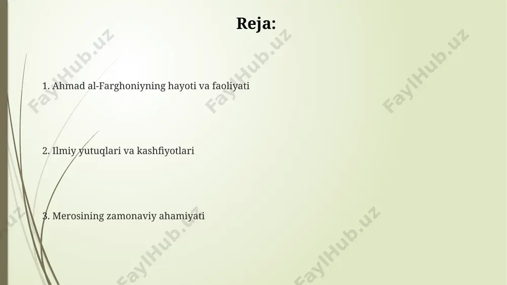 aqida 30 dan ortiq bob mavjud. asarda astronomik jihatlar bilan bir qatorda, astrologiya va taqvim hisoblari bilan bog'liq ma'lumotlar ham o'z aksini topgan, masalan, 12 ta burj belgilarining tavsifi berilgan. kitobda yerning diametri va quyoshdan masofasi haqidagi hisob-kitoblar keltirilgan bo'lib, bu hisob-kitoblar zamoniga nisbatan yuqori aniqlikka ega edi. xotirasi va uning abadiylashtirilishi maroqandagi (hozirgi samarqand) bir qator ta'lim muassasalarida va kutubxonalarda uning ilmiy merosini o'rganishga bag'ishlangan tadbirlar muntazam o'tkazilib, uning xotirasi abadiylashtiriladi. uning sharafiga oyda 5761 al-farghani krateri nomlangan bo'lib, bu uning astronomiyaga qo'shgan ulkan hissasi xalqaro miqyosda e'tirof etilganligini tasdiqlaydi. ал-ферганийнинг номи 9-asrda yozilgan ko'plab astronomik risolalar va 12-asrda lotin tiliga tarjima qilingan “kitob al-hay'a” asarida eslatib o'tiladi, bu uning jahon miqyosidagi obro'sini ko'rsatadi. al-farghoniyning merosini o'rganish ал-фарғонийнинг геометрия ва тригонометрияга оид ҳисоблашлари, ер радиуси ва ойнинг ҳаракатини аниқлашга бўлган уринишлари 9-аср илмининг юксак даражасини кўрсатади. унинг астрономик кузатувлари ва ҳисоб-китоблари натижалари 100 дан ортиқ қўлёзма нусхаларда сақланиб, дунёнинг …