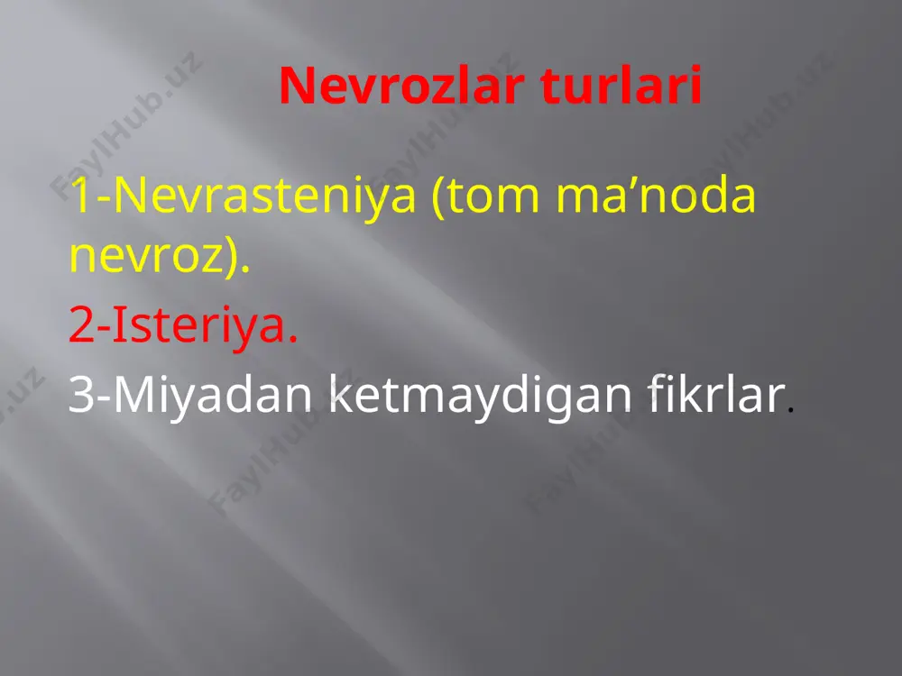 tkir rivojlanadi, ruhiy jarohatdan soʼng toʼsatdan boshlanadi. bu sindromning asosiy belgisi aql bovar qilmaydigan tuturuqsiz harakatlardir. bunday bemorlar eng oddiy savollarga ham tuturuqsiz javob berishadi. masalan, «ikki karra ikki necha boʼladi», deb soʼralsa, bemor oliy maʼlumotli boʼlishiga qaramay, «besh» deb javob beradi yoki qoʼlda nechta barmoq bor desa, xohlagan sonni aytadi. ruhiy jarohat gʼoyat kuchli boʼlganda odatda isterik stupor rivojlanadi. bunday paytlarda bemor tamomila harakatsiz boʼlib qoladi, indamaydi va atrofga befarq boʼladi, yuzida aziyat chekkan ifoda paydo boʼladi. bu holat bir necha soat yoki kun davomida oʼtib ketadi. davolash muolajalari oʼtkazilmasa, bir necha oylab davom etadi. isterik buzilishlarning yana bir turi – bu isterik depressiya. bunda bemor oʼta past kayfiyatda boʼladi va bu qiligʼi bilan atrofdagilar diqqatini oʼziga jalb etishga intiladi, ularni oʼziga rahmdil boʼlishga. u naqadar ogʼir ahvolda ekanligiga boshqalarning eʼtibor berishlarini chaqiradi xafaqon kasalligi xuruji yoki yurak xurujini eslatuvchi isterik tutqanoqlar ham koʼp kuzatiladi. yurakning tez-tez urishi, bosh …