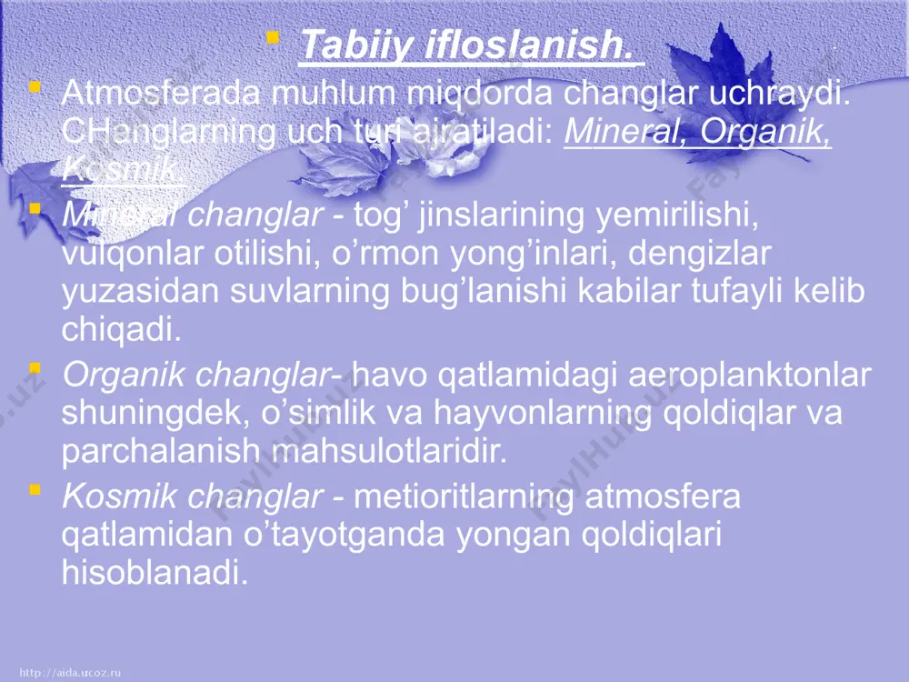 susiyatini o’zgartiradi. natijada tuproqdagi o’simlik va hayvonlar nobud bo’ladi. tuproqni iflosliklardan muhofaza qilish inson salomatligini tahminlashda muhim omil hisoblanadi. tuproqning ifloslanishi tufayli, tuproqda ko’pgina kasallik tarqatuvchi mikroorganizmlar ancha uzoq yashab, tirik organizmlar uchun xavf solib turadi, chunki ular inson organizmiga tuproq orqali tushishi mumkin. o’zbekiston respublikasida “er haqida kodeks” 1998 yil joriy etildi. bundan tashqari yerdan to’g’ri foydalanish, uni muhofaza qilish va yer yagona davlat mulki ekanligi qayd etilgan, bir qancha qarorlar qabul qilingan. atmosfera havosining ifloslanishi kishi organizmga ta’siri bir kishi sutkada o’rtacha 25 kg havo bilan nafas oladi. natijada havo tarkibidagi zararli chang, qurum va zaharli gazlar kishi organizmda to’planaveradi. atmosferaning (changlar, qurumlar, tutunlar va boshqa qat-tiq zarrachalar hamda zaharli gazlar bilan) ifloslanishi sayyo-ramiz suv resurslariga ham salbiy ta’sir etadi. tabiatda suv aylanmasi (bug’-yog’in-suv) doimiy bo’lib, daryolar, ko’llar, yer osti suvlarni to’yintirib turadi. shundan ko’rinib turibdiki, atmos-fera qancha chang bo’lsa, ularning bir qismi yog’inlar bilan yer os-ti suvlariga …
