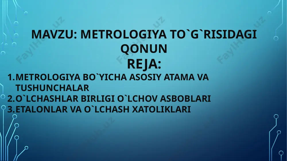 llash to‘g‘riligi hamda to‘liqligini baholash va tahlil qilish bo‘yicha tashkiliy-huquqiy ishlar majmui; sinov vositasi — sinovlar o‘tkazish uchun mo‘ljallangan, normalangan texnik tavsiflari bo‘lgan texnik qurilma, modda va (yoki) material; standart namuna — metrologik attestatsiya natijasida modda (material)ning xossasi yoki tarkibini tavsiflaydigan bitta yoki undan ortiq qiymatlari aniqlangan shu modda (material) namunasi shaklidagi o‘lchash vositasi; etalon — muayyan kattalik birligining o‘lchamini boshqa o‘lchash vositalariga o‘tkazish maqsadida uni qayta hosil qilish va saqlash uchun mo‘ljallangan o‘lchash vositasi; o‘lchashlar aniqligining ko‘rsatkichi — o‘lchash uslubiyotining qo‘llanilayotgan normalari va qoidalariga rioya etilganda olingan o‘lchash natijalari aniqligining belgilangan tavsifi; o‘lchashlarni bajarish uslubiyoti — o‘lchashlarning bajarilishini va ularning natijalari belgilangan aniqlik ko‘rsatkichlari bilan olinishini ta’minlaydigan operatsiyalar va qoidalar majmui; o‘lchash vositasi — o‘lchashlar uchun foydalaniladigan va normalangan metrologik xususiyatlarga ega bo‘lgan texnika vositasi; o‘lchash vositalarini kalibrlash — berilgan sharoitlarda o‘lchash vositasi yordamida olingan kattalik qiymati va etalon bilan qayta tiklanadigan tegishli kattalik qiymati o‘rtasidagi nisbatni aniqlash orqali …