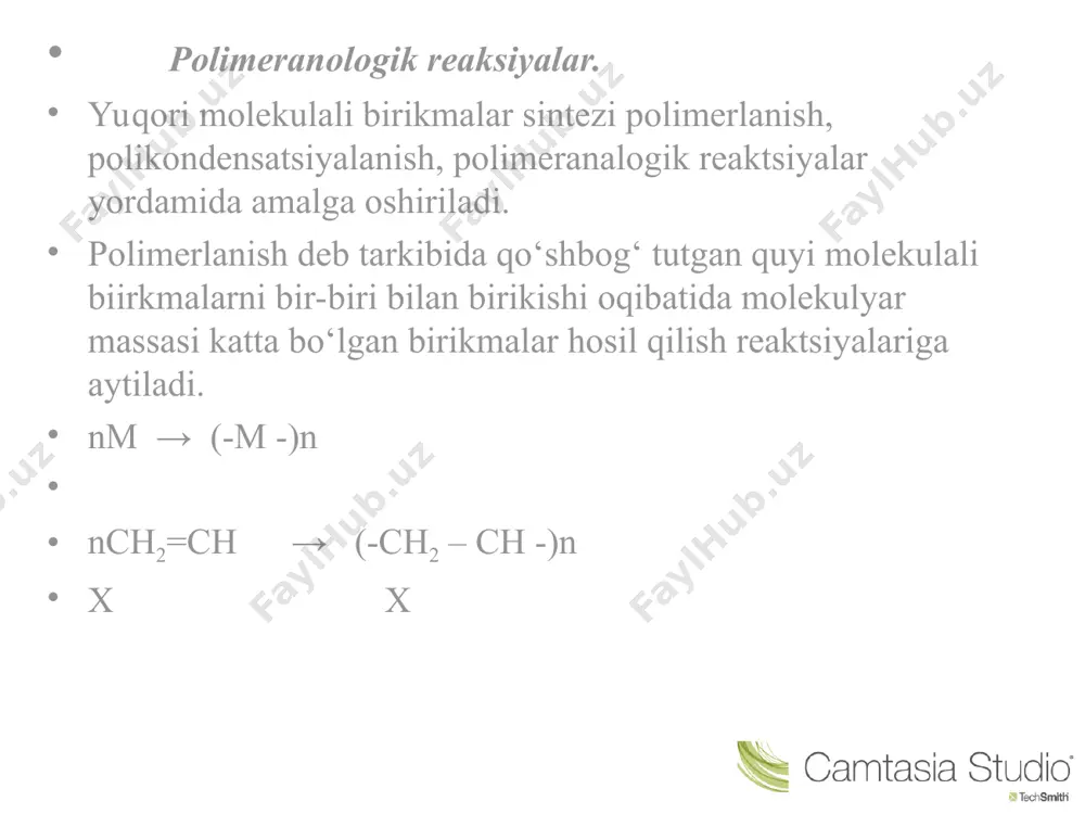 a reaktsion qobiliyati past, zanjirni o‘stira olmaydigan radikallar hosil bo‘lishi mumkin. bu reaktsion zanjirning uzilishiga va polimerlanish reaktsiyasining susayishi va to‘xtashiga olib keladi. r – ch2 – ch* + ab → r – ch2 – ch – a + b* ׀ ׀ x x masalan, xinon o‘sayotgan zanjirdan vodorod atomini tortib olib semixinonga aylanadi. r–ch2 – ch –ch2 –ch* + s6n4o2 → r –ch2 –ch –ch2 = ch + c6h4(oh)o* ׀ ׀ ׀ ׀ x x x x elektron bulutlarning tutashishi natijasida semixinon passiv radikal bo‘lib, u o‘sayotgan radikalga birikadi va o‘sayotgan zanjir uziladi. turli – tuman organik va anorganik birikmalar polimerlanish ingibitori bo‘lishi mumkin. masalan, gidroxinon, pirokatexin, pirogallol, aromatik aminlar, nitrobirikmalar, oltingugurt, yod, mis va temir tuzlari va h.z. polimerlarning polimerlanish darajasi polimer molekulyar massasining monomer molekulyar massasiga nisbati orqali aniqlanadi: pn = mn / m radikal polimerlanishda kinetik zanjir uzunligi bir faol markazga to‘g‘ri kelgan monomerlar soni bilan …