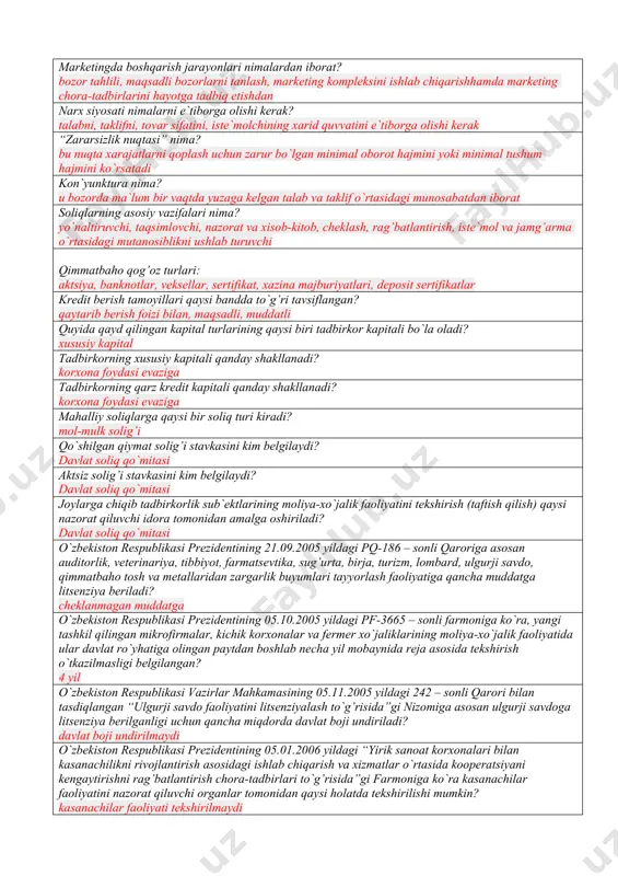 texnologik va texnik infratuzilma sohasida faoliyat ko`rsatadi shirkat firmalarda: “kemaga tushganning joni bir” qoidasi amal qiladi mas`uliyati cheklangan sharkatning mas`uliyati cheklanmagan shirkatdan qanday farqi bor? jamiyat qatnashchilari o`zlari qo`shgan ulushlari doirasida javobgar bo`ladilar aktsiyadorlik jamiyati – bu: jismoniy shaxslar kapitallarining birlashuvi bo`libu aktsiyalar chiqarish yo`li bilan tashkil etiladi ochiq turdagi aktsiyadorlik jamiyati – bu: aktsiyadorlari o`zlariga tegishli aktsiyalari boshqa aktsiyadorlarning roziligisiz erkin tasarruf qila oladigan jamiyatdir xolding kompaniyasi – bu: mulk egalari tomonidan bir nechta mustaqil aktsiyadorlik jamiyatlari faoliyatini nazorat qilishi maqsadida tashkil etilgan xissadorlik jamiyatidir quyda qayd qilingan qaysi bir yo`l xolding kompaniyasini tashkil etish uchun asos qilib olinadi: yuridik jihatdan mustaqil korxonalarning aktsiya paketlarini birlashtirish yo`li xolding kompaniyasining qayday turlarini bilasiz? monopoliyaga qarshi organning ruxsati bilan tashkil etilgan xolding xolding kompaniyalarining asosiy vazifasi: sof boshqaruvchilikdan iborat xoldinglar qaysi organning ruxsati bilan tashkil etiladi? monopoliyaga qarshi organning ruxsati bilan xorijiy korxona deganda o`zbekiston respublikasi hududida joylashgan, aktsiyalari yoki nizom …