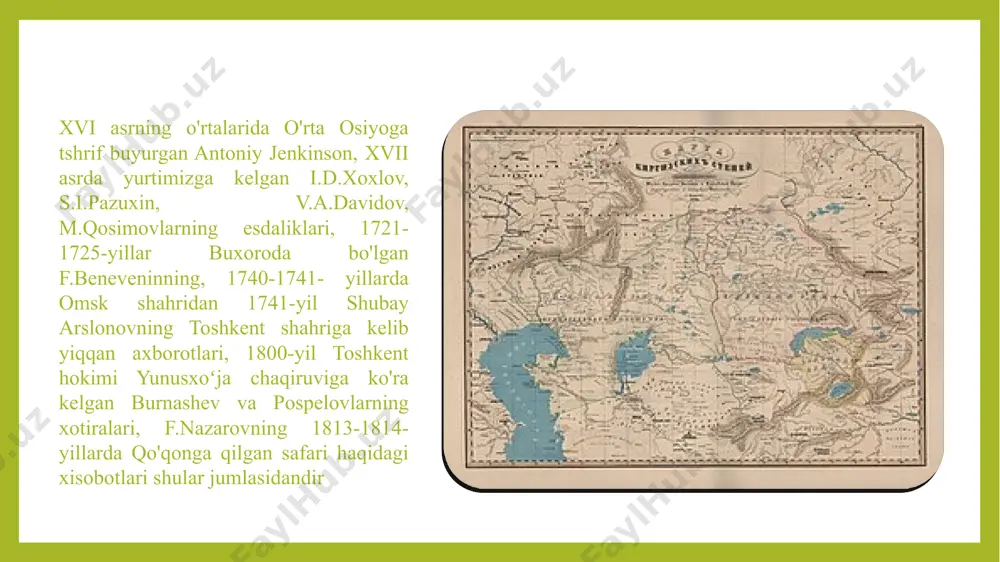 logik asoslarini dastlab u ko'rsatib berdi. u turkistondagi kopgina foydali qazilma konlarini ta'riflab, turkiston minerallarining dastlabki royxatini tuzib chiqdi. o'rta osiyo xalqlarining turmushiga bag'ishlangan, ilmiy va o'lkashunoslikka doir turli xabarlar va maqolalar turkestanskie vedomosti hamda «turkiston viloyatining gazeti» (toshkent, 1870-1917 yillar) va boshqa mahalliy matbuotda muntazam bosilib turdi. 1870 yilda toshkentda ochilgan turkiston xalq kutubxonasi (hozirgi alisher navoiy nomidagi o'zbekiston milliy kutubxonasi) o'lkani o'rganish bilan shug'ullanuvchi barcha tadqiqotchilar, ayniqsa mahalliy xodimlar uchun katta ahamiyatga ega bo'ldi. kutubxona tashabbuskor bibliofillar (kitob muxbirlari) va bibliograflarning ko'rsatgan faoliyati asosida o'lkani o'rganishga doir qimmatli asar va materiallar bilan boyib bordi. kutubxona ochilishi vaqtida faqat 1700 jild kitob bor edi, 1917 yilga kelib undagi kitoblar soni 30 ming jildga etdi kutubxona fondida saqlanayotgan adabiyot va manba majmualaridan «o'rta osiyoga, ayniqsa turkiston o'lkasiga taalluqli turkiston asarlar va maqolalar to'plami juda ham qimmatli asar bo'lib, shu kunlarda ham o'z axamiyatini yo'qotmagan. «turkestanskoe selskoe xozyaystvo» jurnali qishloq xo‘jaligi …