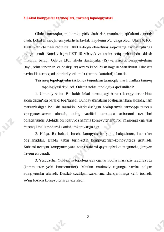ishonchli va tez, shu bilan birga juda qimmat kabel turi. oraligʻi 100 km masofadagi tarmoq uchun qoʻllaniladi. oʻtkazish tezligi: 2 gbit/sek; 2.5-rasm. optik tolali kabel tarmoq kabellarini texnik koʻrsatkichi 2.1-jadval. kabel turi oʻtkazish tezligi, mbit/sek tarmoqni hosil qiluvchi nuqtalar orasidagi masofa kabel uzilganda tiklash mukinligi narxi koaksial kabellar 10 mbit/sek 500 m past 100 soʻm/metr juftli oʻram kabellari 100 mbit/sek 100 m yaxshi 200 soʻm/metr optik tolali kabellar 1-2 gbit/sek 100 km maxsus qurilmalar talab qilinadi 1000-3600 soʻm/metr lokal tarmoqlarning qoʻllanish sohasi juda keng. bunga ofis ishlarini avtomatlashtirish, korxona boshqaruv sistemalari, loyihalarni avtomatlashtirish texnologik jarayonlari va robototexnika komplekslari, bank va axborot sistemalari, elektron pochta sistemalarini boshqarish kiradi. windows osda lokal tarmogʻni sozlash va ishlatish uchun juda qulayligini albatta e’tirof etish kerak. tarmoq bilan ishlashdan avval, agar sizning kompyuteringiz lokal tarmoqqa ulanmagan boʻlsa, sozlash ishlari olib boriladi. kompyuter tarmoqda ishlashi uchun uni sozlash jarayoni quyidagicha: avvalo kompyuterda tarmoq plata (karta) borligiga …