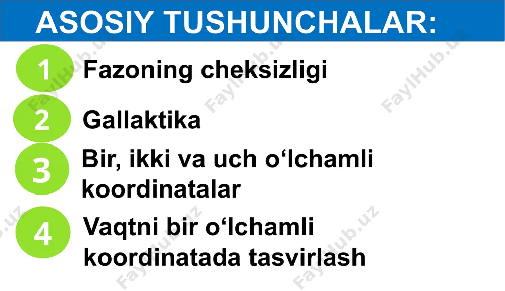o‘ladi. jism harakatlanadi, ya’ni o‘z vaziyatini nafaqat fazoda, balki vaqt bo‘yicha ham o‘zgartiradi. vaqt bir o‘lchamli koordinatada o‘lchanadi. vaqtni o‘lchash uchun takrorlanib turuvchi hodisaning takrorlanish davomiyligidan foydalaniladi. vaqt bir o‘lchamli koordinatada o‘lchanadi. yerning quyosh atrofida bir marta aylanish vaqtini bir yil deb olishga kelishib olingan. bir yil 31 556 926 sekundga teng. hozirda, vaqtni katta aniqlikda o‘lchaydigan kvars va molekulyar soatlar ishlatiladi. o‘tmish hozir kelajak t eslab qoling! vaqt hodisalarning ketma-ket o‘zgarish tartibini va jarayonlarning davomiyligini ifodalaydigan fizik kattalikdir. xalqaro birliklar sistemasida vaqtni sekundlarda o‘lchanadi. t - harfi bilan belgilanadi. vaqtning o‘lchov birliklari: sekund, daqiqa, soat, kun, hafta, oy, yil.. mustaqil bajarish uchun topshiriqlar: faraz qilgan holda darslikdagi 99- betdagi ma’lumotlardan foydalanib, samolyotda yerdan oyga va quyoshga borish uchun qancha vaqt uchish kerakligini hisoblang. aziz o‘quvchilar, shaxsiy gigiyena qoidalariga amal qiling va qo‘lingizni tez-tez sovunlab yuvishni unutmang! image1.png image2.png image3.png image4.png image5.png image6.png image7.png image8.png image30.png image40.png image50.png image60.png image70.png …