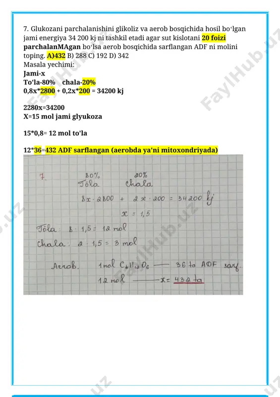 mi to‘g‘ri ko‘rsatilgan javobni belgilang. a) bir dnkli xromosomalarning gaploid to‘plami; nc b) bir dnkli xromosomalarning diploid to‘plami; 2n2c c) ikki dnkli xromosomalarning diploid to‘plami; 2n4c d) bir dnkli xromosomalaming tetraploid to‘plami; 4n4c e) ikki dnkli xromosomalarning gaploid to‘plami. n 2c a) a - interfaza g. davri; с - metafaza i; с - anafaza i; e - telofaza i b) b - anafaza ii; с - metafaza i;с - anafaza i; e - telofaza i c) b - anafaza ii; с - metafaza i;с - anafaza i; e - telofaza ii d) a - telofaza i; с - profaza i; d - anafaza i; e - telofaza ii 12. shimpanze zigotasining nazariy jihatdan 3 marta meridianal, 2 marta ekvatorial bo‘linishidan hosil bo‘lgan blastomerlardagi jami autosoma xromosomalari sonini toping. a) 3072 b) 2208 c) 1472 d) 1536 shimpanze 2n=48 48-2 ta jinsiy= 46 autosoma m m e m e 2 4 …