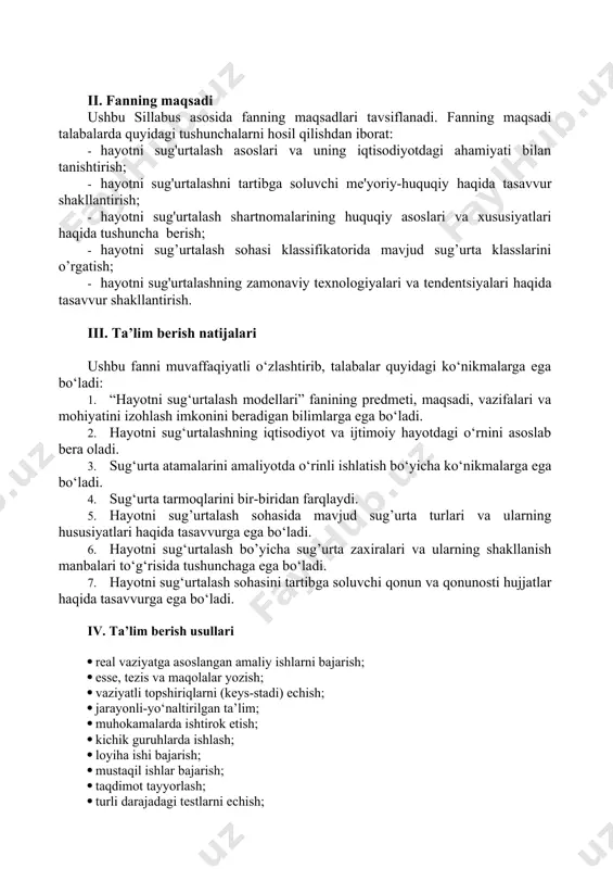 odellari 4.2. guruhli modellar va ularning xususiyatlari 2 4 6 5 hayotni uzoq muddatli va qisqa muddatli sug‘urtalash modellari 5.1. inson hayotini uzoq muddatga, yani jamg’arib sug‘urtalash modelining mohiyati 5.2. inson hayotini qisqa muddatga sug‘urtalash modelining mohiyati 2 2 6 6 sug’uta faoliyati klassifikatorida hayotni sug’urtalash sohasiga oid klasslar tasnifi 6.1. hayotni sug’urtalash sohasiga oid i-vii klasslar mazmuni va tavsifi 6.2. umumiy sug’urta sohasida 1,2 va 18-rlasslar mazmuni va tavsifi 4 4 10 7 “unit-linked” sug’urta mahsuloti 7.1. “unit-linked” sug’urta mahsuloti mazmuni va ahamiyati 7.2. “unit-linked” sug’urta mahsuloti o’zbekistonda joriy etish ahamiyati 2 2 6 8 hayotni sug‘urtalashda anderrayting 8.1. hayotni sug‘urtalashda anderraytingnii mohiyati va zarurligi 8.2. hayotni sug‘urtalashda anderrayting siyosati orqali sug‘urta portfelini muvozanatlash 2 2 6 9 hayotni sug’urtalashning aktuar modellari 9.1. o’lim va yoshga etish holatlari bo’yicha sug’urta mukofotning tuzilishi va hisob-kitobi 9.2. hayotni sug’urtalashda sug’urta zaxiralarini hisoblash modeli 2 2 6 10 hayotni sug’urtalash modellarida risklarni …