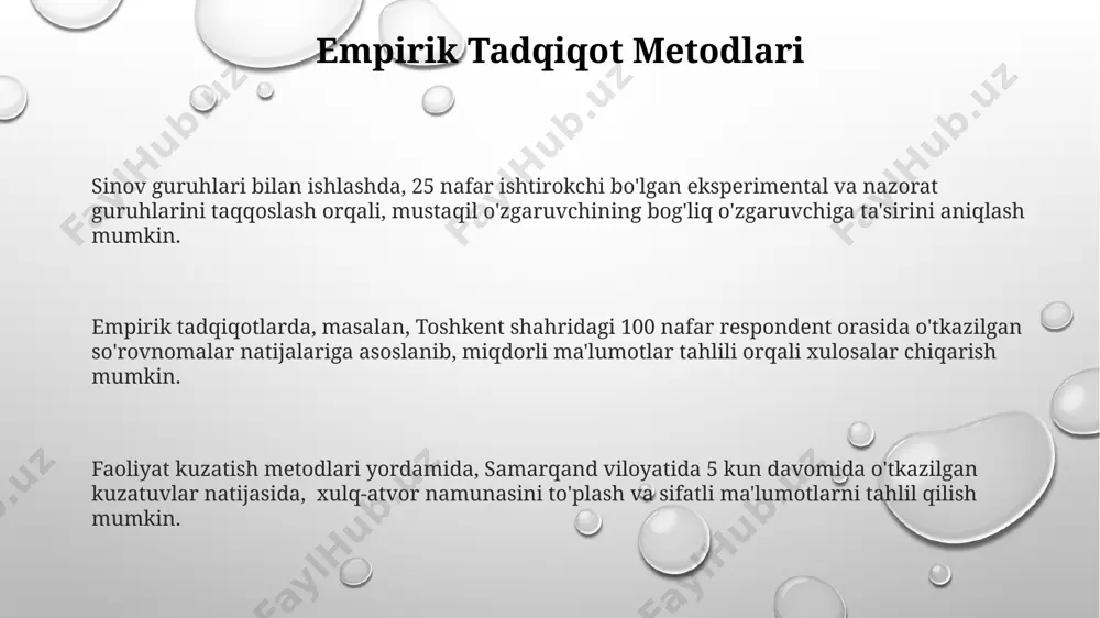 ri andoza sifatida, 1980-yillarda aqshda ishlab chiqilgan va keyinchalik 30 dan ortiq mamlakatda sinovdan o'tkazilgan "x" modeli asosida tuzilgan so'rovnoma ishlatilgan. olingan natijalar statistik tahlil, jumladan, faktor tahlili va korelyatsion tahlil (spearman r>0.7) yordamida qayta ishlangan va baholangan. tadqiqot, 200 dan ortiq ishtirokchini o'z ichiga olgan holda, toshkent shahri aholisi orasida o'tkazilib, 5 ta asosiy psixometrik shkalani qo'llagan. e'tiboringiz uchun rahmat @taqdimot_robot image1.png image2.png image3.png