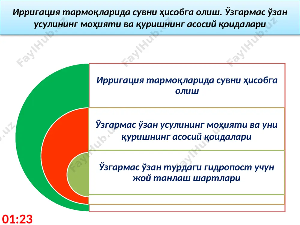 равонлигини таъминлаши керак; сув оқимининг чуқурлиги (н) 0,2 дан кам бўлмаслиги керак; сув оқимининг тезлиги (v) 0,3 м/с дан кам бўлмаслиги керак. ўзгармас ўзан турдаги гидропост учун жой танлаш шартлари ўзаннинг ўзгармас қисмининг узунлиги l ≥ (2…8)b шартга асосланиб белгиланади. бу ерда: b- канал тубининг кенглиги, м ўў тубининг нишаблиги каналнинг ўртача нишаблиги билан бир хил бўлиб, сув оқимининг сокинлигини ҳамда лойқани чўктирмайдиган тезлигини таъминлаши керак. ўў туби каналнинг тубидан р = (0,05…..0,2) нmax га тенг баланликка кўтарилган бўлиши тавсия қилинади. ўў ён бағирларининг қиялиги каналники билан бир хилда бўлиши керак. 19:41 ўзгармас ўзан турдаги гидропост учун жой танлаш шартлари 19:41 ўзаннинг сув оқими билан туташган қисми ўнқир – чўнқирликларсиз ва текис бўлиши керак. ўў индивидуал градуировкалангани сабабли уларнинг ўлчамларига муайян талаблар қўйилмайди. ўў камида бир йилда бир марта кўздан кечирлади (кўрикдан ўтказилади) ва агарда лозим топилса тозаланади, таъмирланади. ўлчаш рейкалари зангламайдиган материалдан ясалади; кўрсаткич даражалари ва рақамлари ўлчайдиган бўёқ …