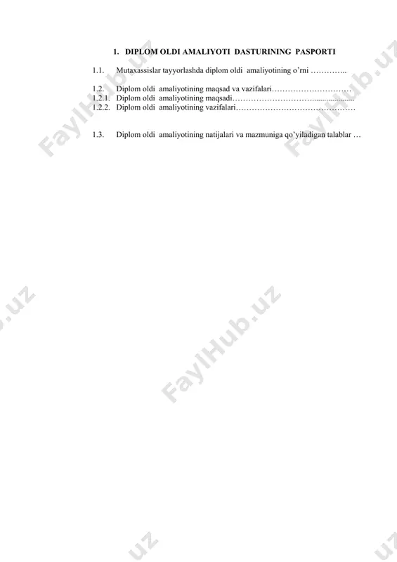 dagogik amaliyotning maqsad va vazifalarini; - turli yosh guruhlarda ta'lim-tarbiyaviy jarayonni tashkil etishning mazmunini; - davlat talablari asosida bolalarning psixologik xususiyatlarini, bilish jarayonlarini rivojlantirishda yakka ishlash yo’llarini; - kun tartibini ertalabki soat, mashg’ulotlar, sayr, kеchki soatni o’tkazishni; - turli yoshlarda guruhlarda bir kunlik ish rеjasini tuzishni; - sanitariya-gigiyna talablari, mexnatni muxofaza qilish, texnika va yong’in xafsizligi qoidalarini; - gurux karantin bo’lgan xollarda sanitariya qoidalari va gigiyna normativlarida belgilangan tartibda umumiy yig’ishtirish ishlarini olib borish, zararsizlantiruvchi eritmalar (xlorli eritmalar)dan foydalanishni bilish. - ota-onalar bilan hamkorlikda ishlashni bilishi; - turli yosh bosqichidagi bolalarning individual-psixologik xususiyatlarini hisobga olgan holda ta'lim-tarbiya ishlarini tashkil etish; - ta'lim-tarbiya jarayonida ta'lim bеrish vositasi sifatida o’yin turlaridan foydalanish; - maxsus fanlardan bеrilgan topshiriqlarni mazmuniga ko’ra qo’llash; - tadbirlarga tayyorlanish, sеnariylar tuzish, bolalar bilan ishlash; - guruh, maydoncha va musiqa xonasini jihozlash yo’llari; - bilish jarayonlariga oid mashq, topshiriqlarni tuzish, pеdagogik amaliyotda qo’llay olish; - mustaqil izlanish, axborot kommunikatsion …
