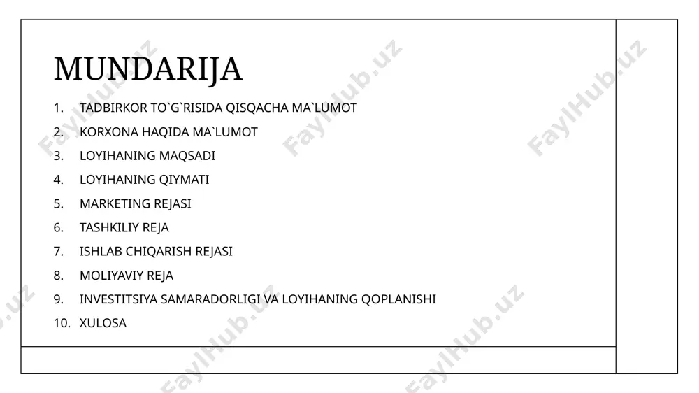 uchun, loyiha tashabbuskori tomonidan va bankning kredit mablag`lari hisobidan taom tayyorlash uchun zarur jihozlar va oziq-ovqat mahsulotlari olish rejalashtirilgan. 1-jadvalda loyiha qiymati aniq ko`rsatilgan: loyihaning umumiy qiymati 1-jadval № nomi tadbirkor hissasi (so`m) bank krediti (so`m) umumiy miqdori (so`m) 1. gaz plitasi --- 30 000 000 30 000 000 2. muzlatgich --- 60 000 000 60 000 000 3. idish tovoqlar --- 60 000 000 60 000 000 4. bir martalik idishlar 15 000 000 --- 15 000 000 5. oziq-ovqat mahsulotlari 35 000 000 --- 35 000 000 jami 60 000 000 150 000 000 210 000 000 foiz hisobida 28,5% 71,5% 100% loyiha hisob-kitoblari uchun qabul qilingan mikrokredit shartlari kredit miqdori – 150 000 000,00 so`m qaytarish muddati – 3 yil (36 oy) imtiyoz davri – 6 oy yillik foiz stavkasi – 28% kreditni yopish – 6 oylik imtiyozli davr tugagandan so`ng 30 oy davomida bir xil qiymatda …