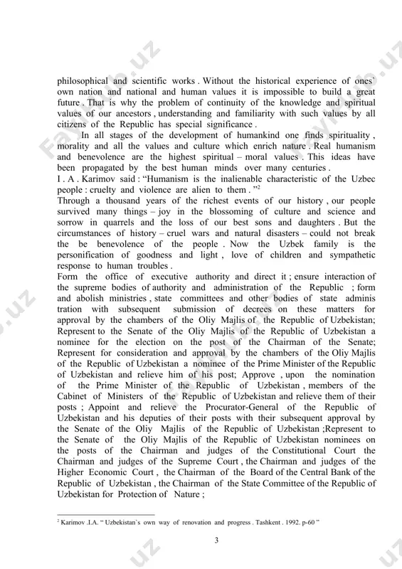 e and sorrow in quarrels and the loss of our best sons and daughters . but the circumstances of history – cruel wars and natural disasters – could not break the be benevolence of the people . now the uzbek family is the personification of goodness and light , love of children and sympathetic response to human troubles . form the office of executive authority and direct it ; ensure interaction of the supreme bodies of authority and administration of the republic ; form and abolish ministries , state committees and other bodies of state adminis tration with subsequent submission of decrees on these matters for approval by the chambers of the oliy majlis of the republic of uzbekistan; represent to the senate of the oliy majlis of the republic of uzbekistan a nominee for the election on the post of the chairman of the senate; represent for consideration and …