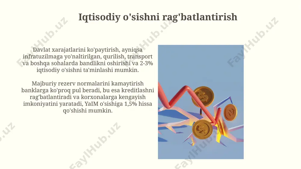 sh va kreditlashni nazorat qilish uchun xizmat qiladi. o'zbekistonda majburiy rezervlar talablari milliy valyuta va xorijiy valyutadagi depozitlar uchun farqlanadi, bu esa valyuta kursining barqarorligini ta'minlash va dollarlashuv darajasini kamaytirishga qaratilgan. miqdoriy yumshatish (qe) qeda markaziy bank tijorat banklaridan aktivlarni sotib oladi, bu esa bank rezervlarini ko'paytiradi va kreditlashni rag'batlantirish orqali foiz stavkalarini kamaytirishga qaratilgan. qe odatda foiz stavkalari nolga yaqin bo'lgan va oddiy monetar siyosat samarasiz bo'lgan vaziyatlarda, masalan, 2008-yilgi moliyaviy inqirozdan keyin qo'llaniladi. pul-kredit siyosatining maqsadlari pul-kredit siyosatining asosiy maqsadi inflyatsiyani nazorat qilishdir; o'zbekistonda maqsadli inflyatsiya darajasi 5% atrofida bo'lishi rejalashtirilgan, bu narxlarning barqaror o'sishini ta'minlaydi. valyuta kursining barqarorligini ta'minlash pul-kredit siyosatining ustuvor yo'nalishlaridan biri hisoblanadi; markaziy bank valyuta intervensiyalari orqali kurs tebranishlarini kamaytiradi, bu savdoga ijobiy ta'sir etadi. e'tiboringiz uchun rahmat @taqdimot_robot image4.jpg image5.jpg image6.jpg image7.jpg image8.jpg image9.jpg image10.jpg image11.jpg image12.jpg image13.jpg image14.jpg image15.jpg