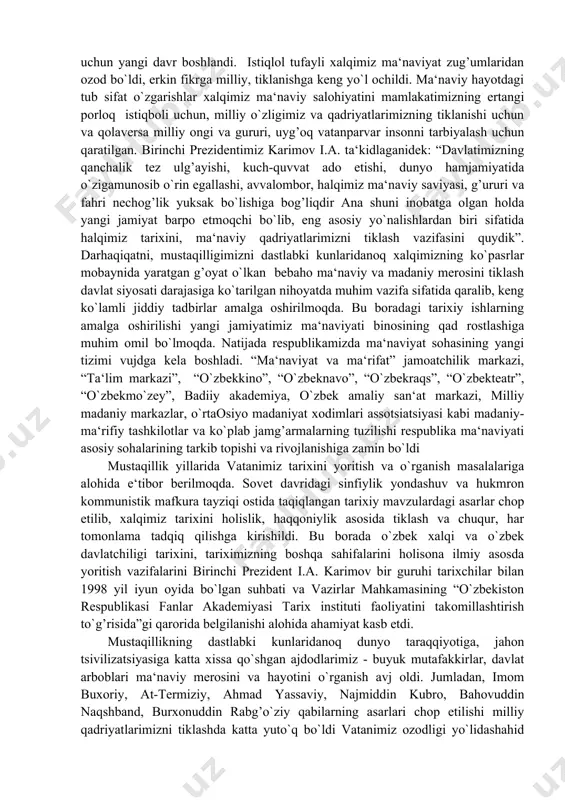 davlatga aylantirish, inson haq-huquqlarini ximoya qilish, ijtimoiy adolatni, demokratiyani to`laqaror toptirish, jahon hamjamiyatida o`zimizga munosib obru-e‘tibor topishimiz, maqsadlarga yo`naltirilgan yagona bayroq, yagona birlashtiruvchi kuch sifatida qaralmoqda. ma‘lumki, bizning davlatimizda hech bir mafkura davlat mafkurasisifatida o`rnatilishi mumkin emas. milliy mafkura jamiyatimizdagi qarashlar rang-barangligi, g’oyalar xilma-xilligini saqlagan holda, ularni bir-biri bilan kurashishga, baxslashuviga, har qanday partiya, harakat, har qaysi inson, fuqaroning fikrini erkin ifoda etish va uni ximoya qilishga ziyon va tazyiq ko`rsatmasligiga yo`naltirilgan. albatta, hozirgi kunda milliy mafko`ramiz. yaratilishining boshlang’ich davrini shohidi bo`lyapmiz, ammo, eng asosiysi, odamlarning fikri tafakkuri, dunyoqarashi o`zgarib, milliy iftixor tuyg’usi shakllanmoqda. binobarin, eng qiyin ish inson mafko`rasini o`zgartirish. milliy mafkura yoki g’oya qudrati ishontirish bilan belgilanadi. shu bois kun tartibiga milliy mafko`rani yaxlit ilmiy kontseptsiyaga solib, jamoatchilikka mos sodda, ommabop shaklda yetkazishdan iborat. mafko`raviy ishlarni amalda oshirishda ta‘lim-tarbiya masaslalari, ommaviy axborot vositalari, “mahalla”, “kamolot”, “oila” kabi qator jamoatchilik tashkilotlarni ma‘naviy-madaniy markazlarning ahamiyati juda katta. ayniqsa, ta‘lim muassasalari …